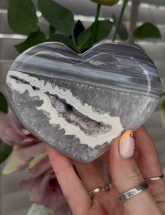 Beautiful, high grade, blue banded agate heart with druzy - stand included