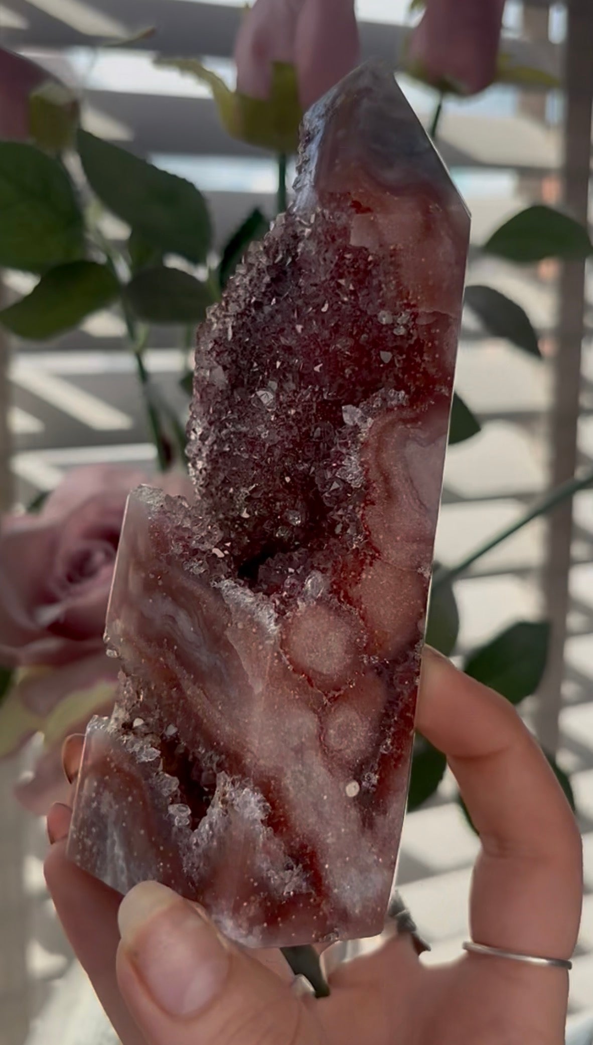 Incredible, high quality, Pink amethyst tower in red tones with sugar druzy