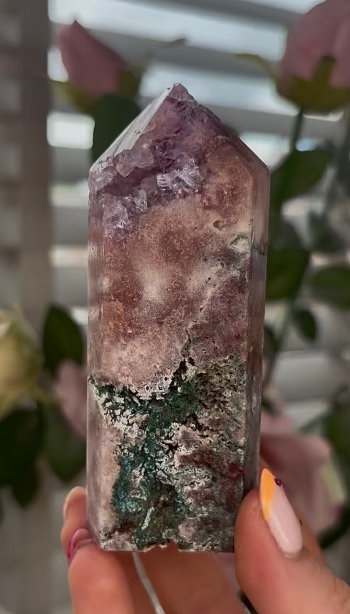 Pretty, Pink amethyst tower, with purple quartz druzy & green jasper