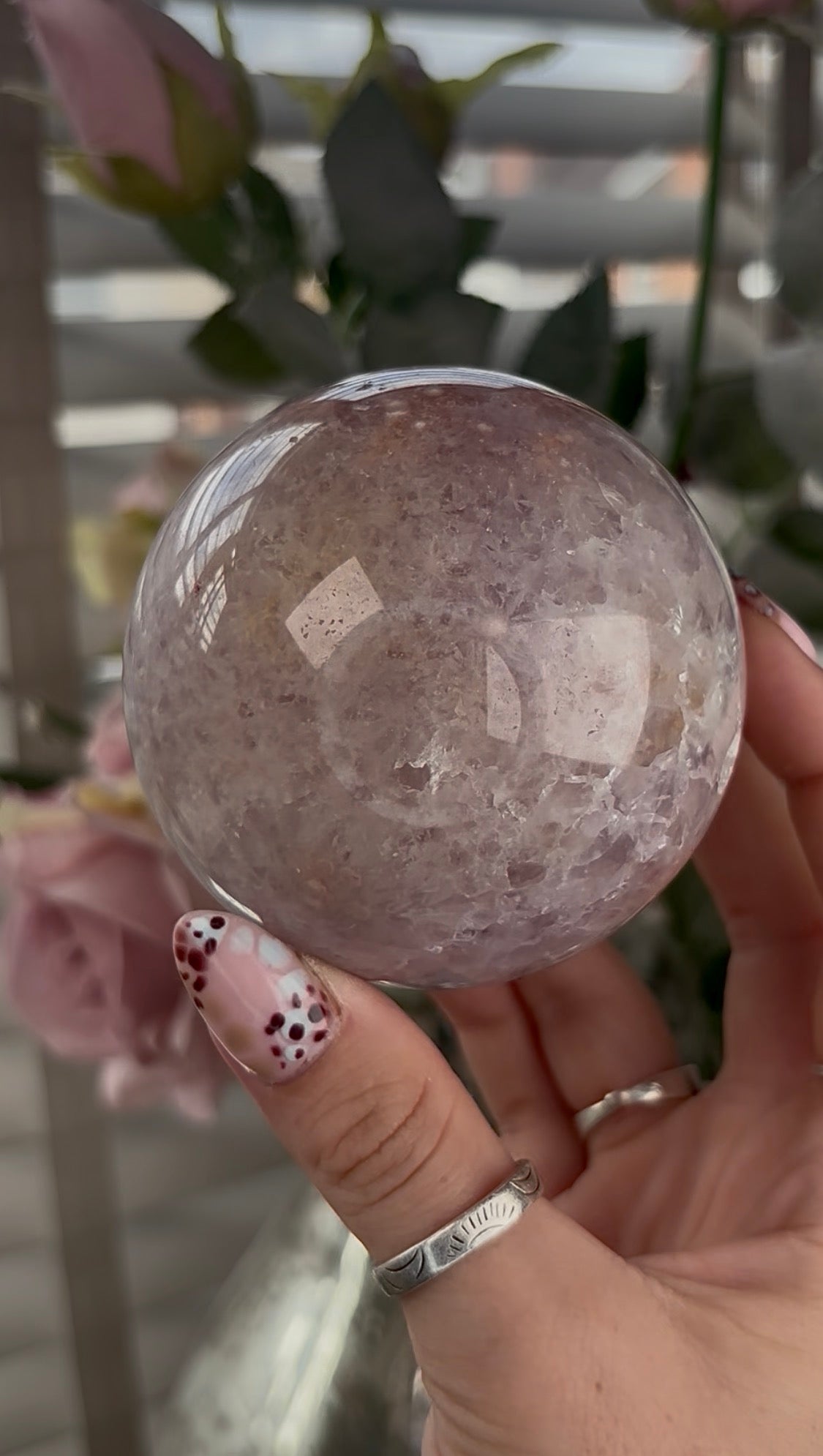 High grade, amethyst Flower agate sphere with high clarity quartz