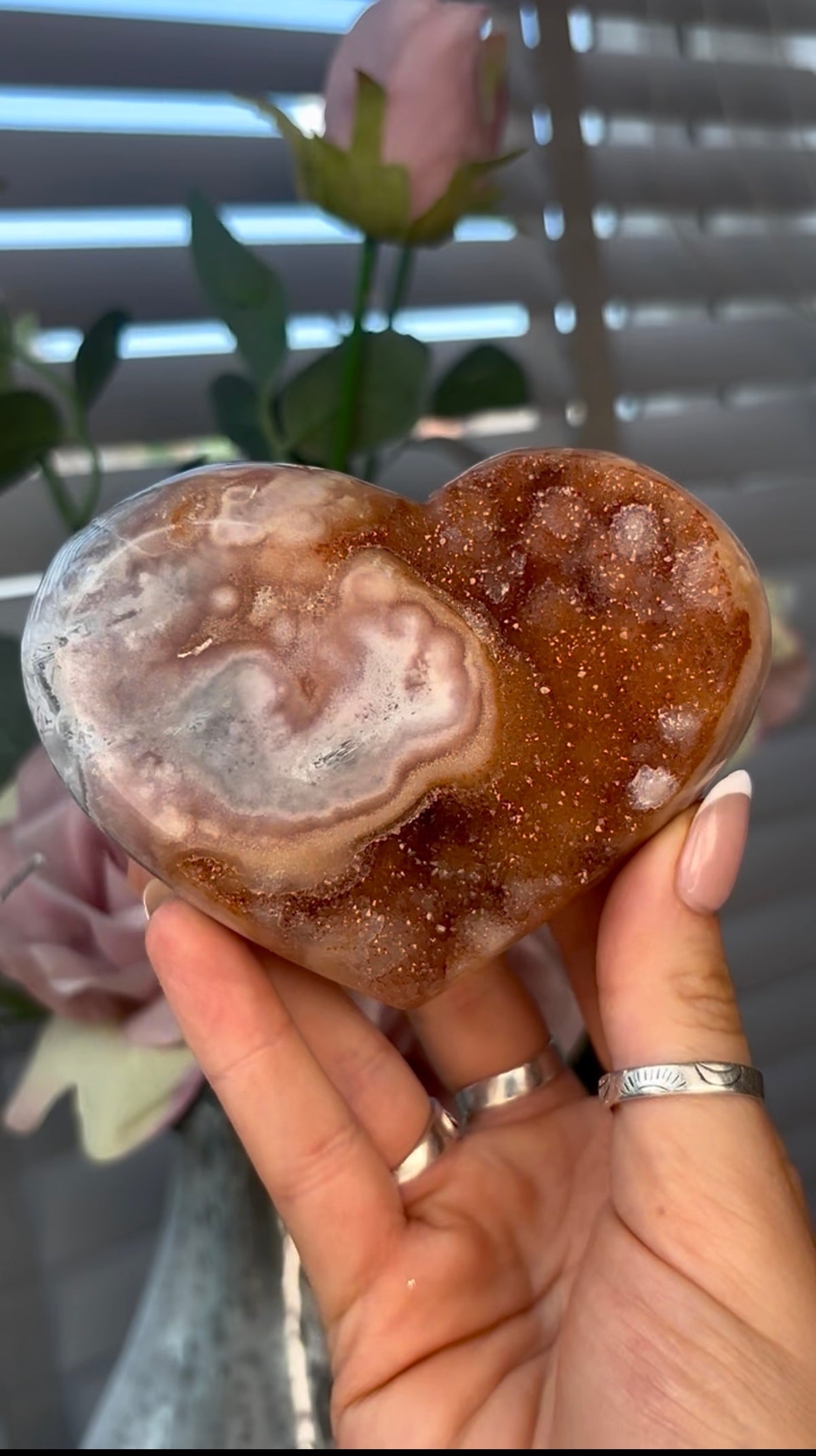 Gorgeous, druzy, golden pink amethyst heart with rutile back -comes with stand