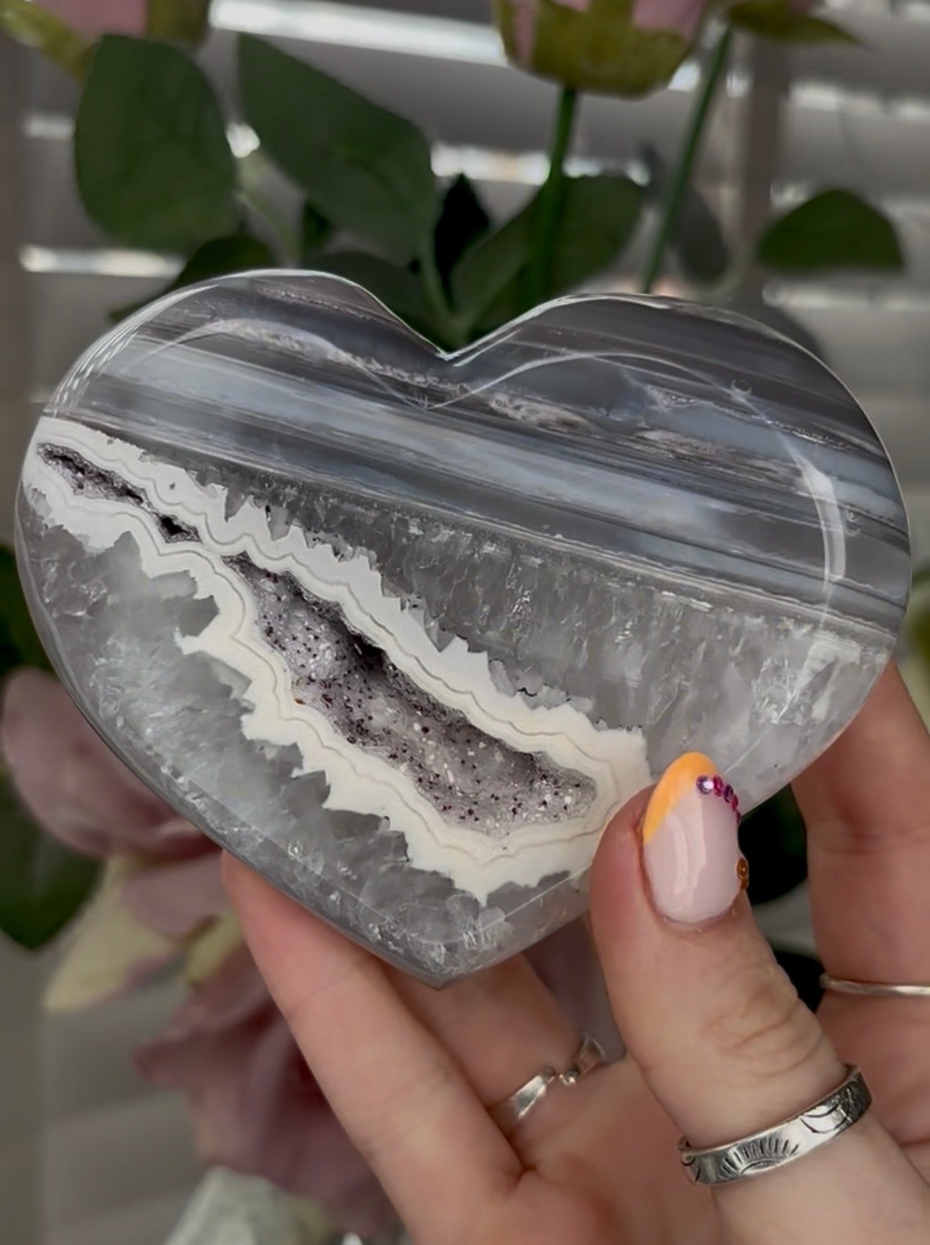 Beautiful, high grade, blue banded agate heart with druzy - stand included