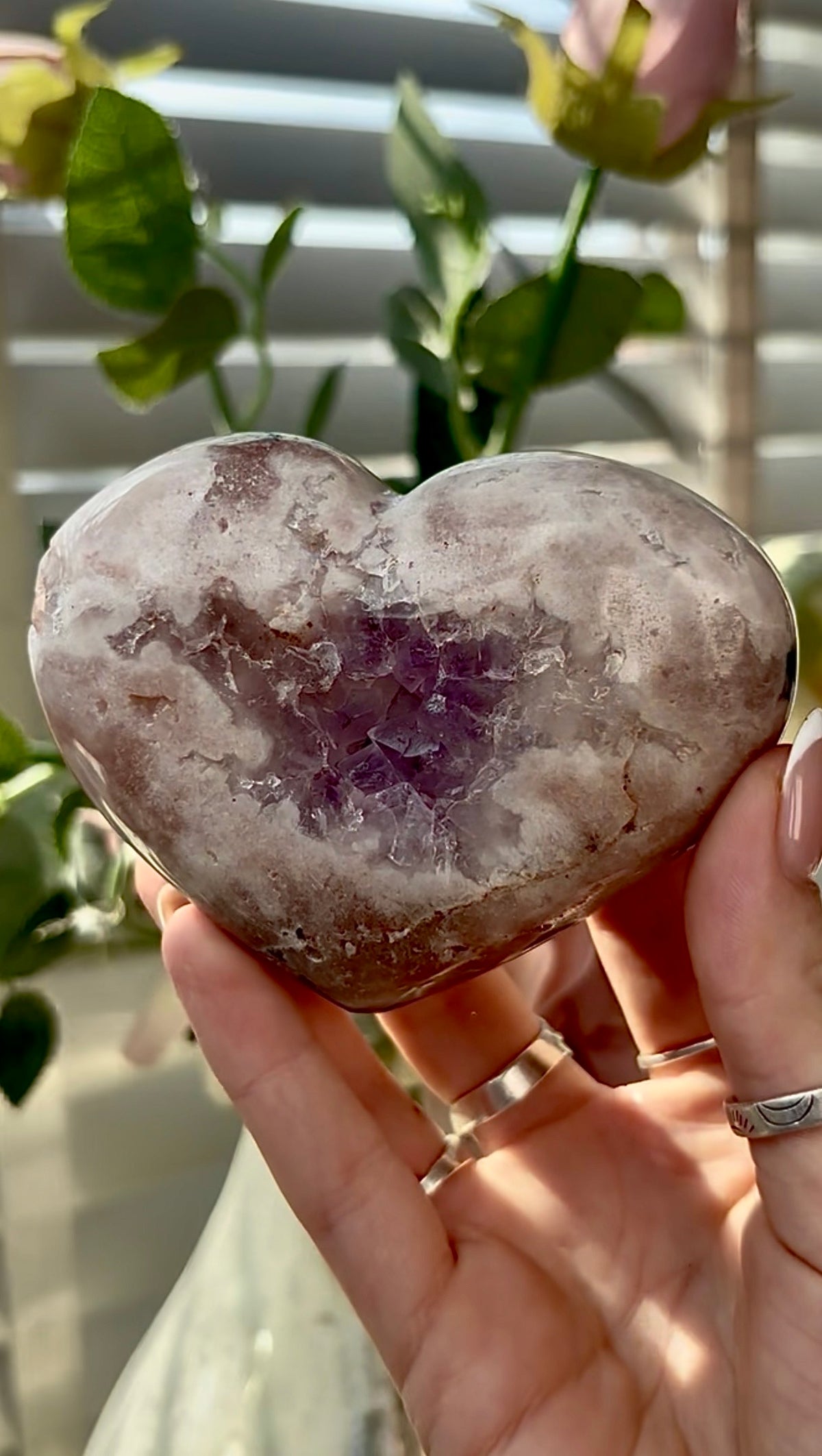 Gorgeous, pink amethyst  heart with Jasper -comes with stand