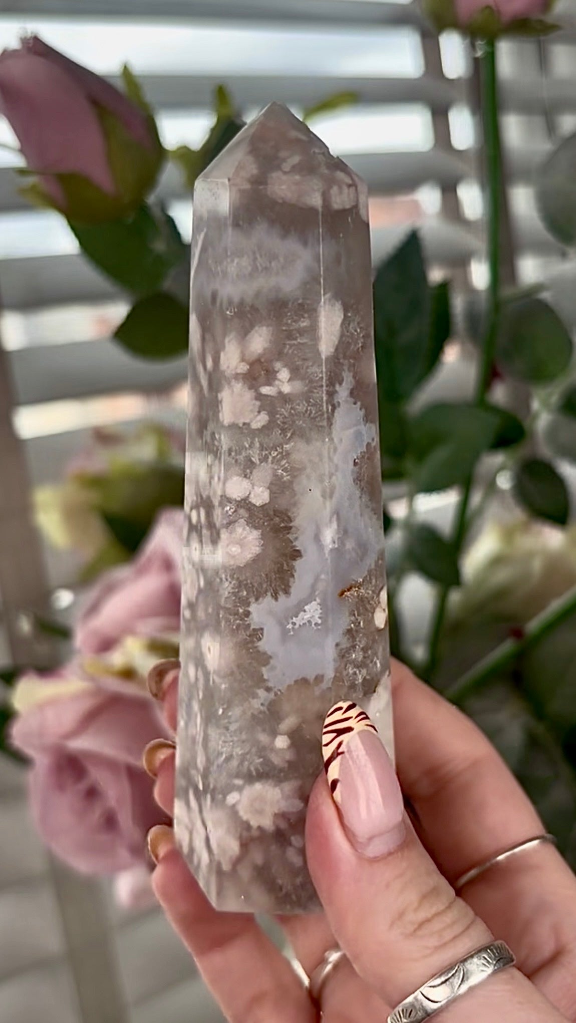 Stunning!! Super high quality, Druzy, green chlorite x blue flower agate tower