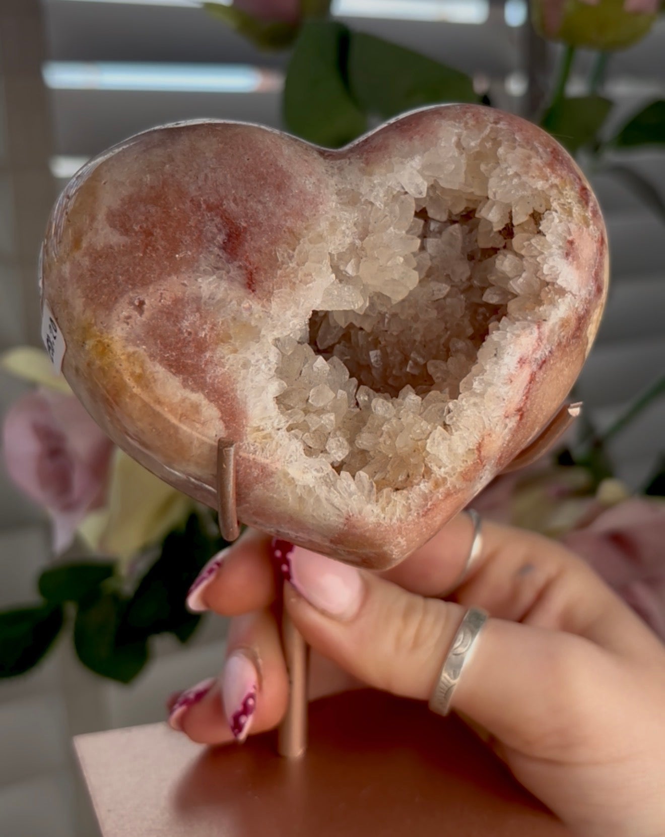 pink amethyst heart - comes with stand