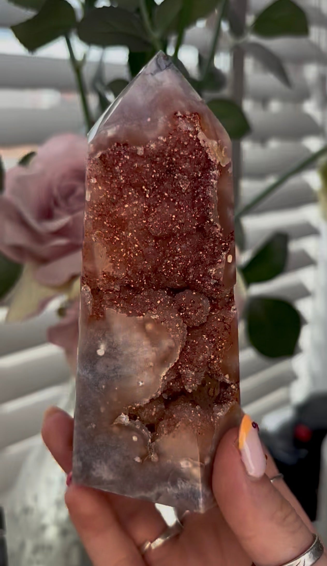 Beautiful, large, high quality, Pink amethyst tower with burnt orange/red druzy