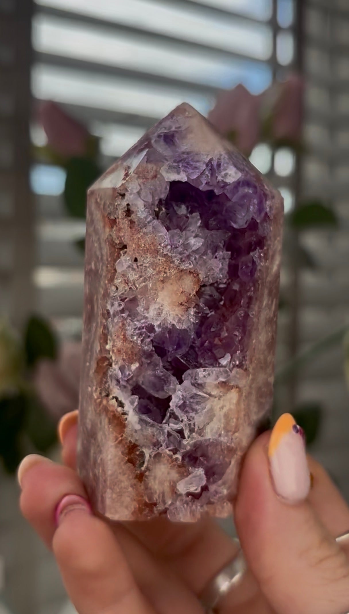 Beautiful, high quality, Pink amethyst tower with purple quartz
