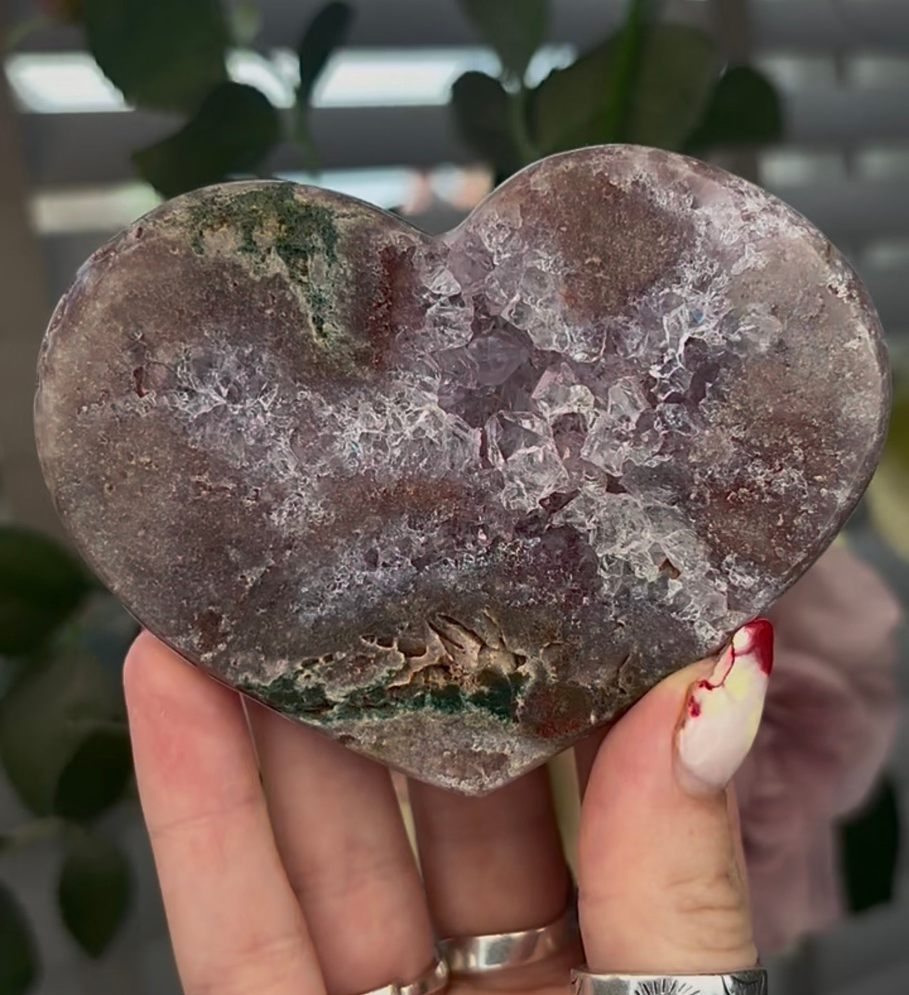 pink amethyst heart with Jasper and quartz - comes with stand (10cm)