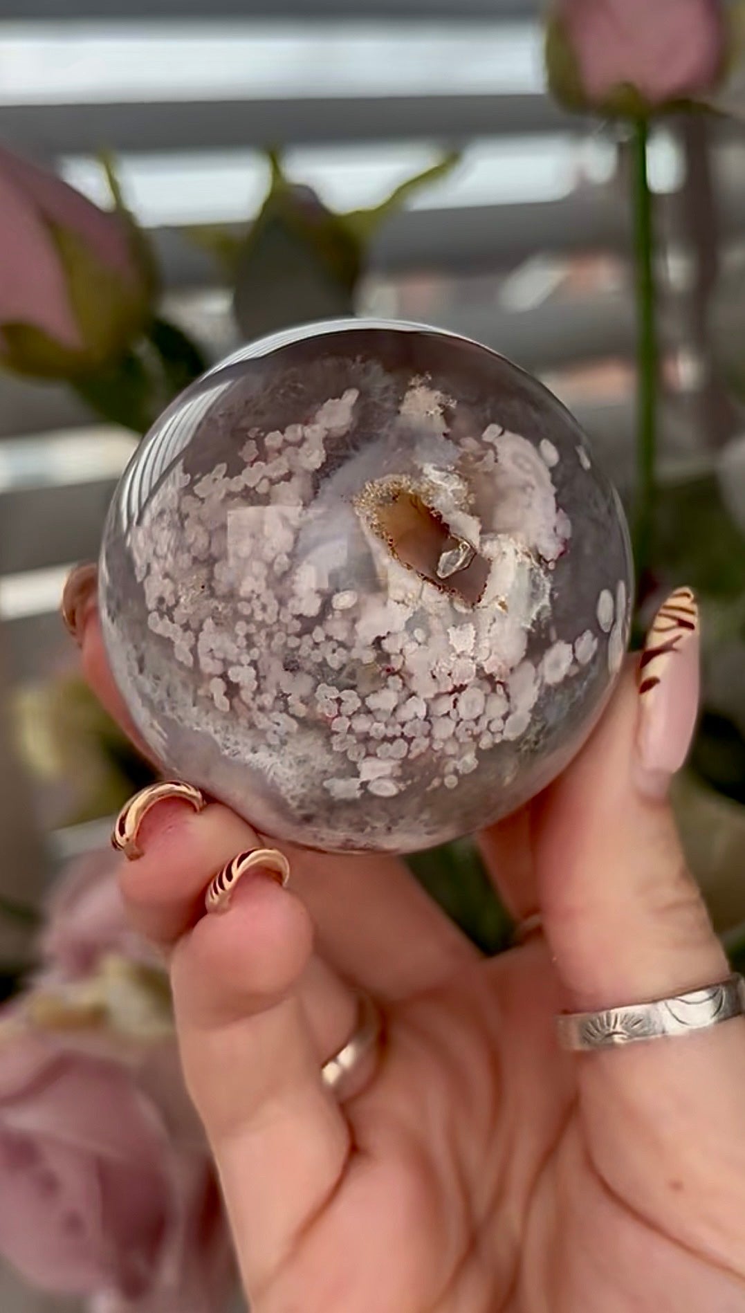 Stunning!! Super high quality, Druzy, green chlorite x blue flower agate sphere
