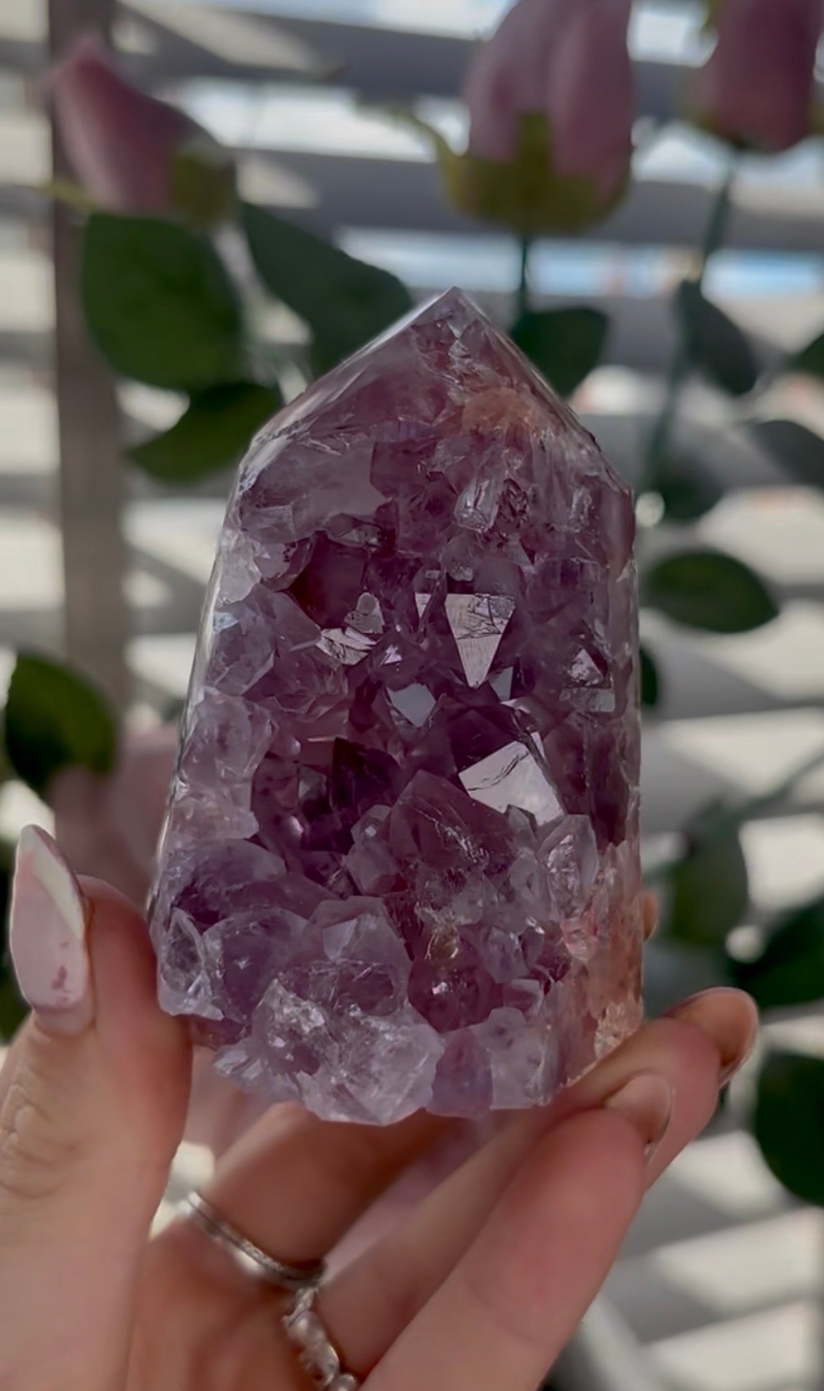 Beautiful, high quality, chonky, Pink amethyst tower with purple quartz