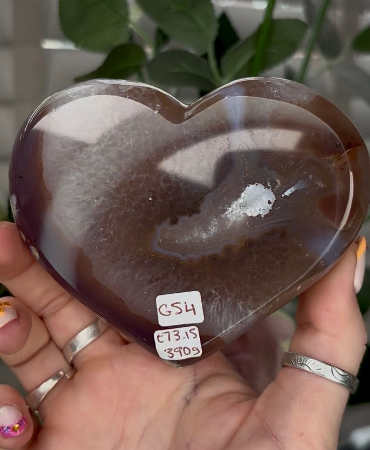 Beautiful, high grade, agate heart with druzy - comes with stand