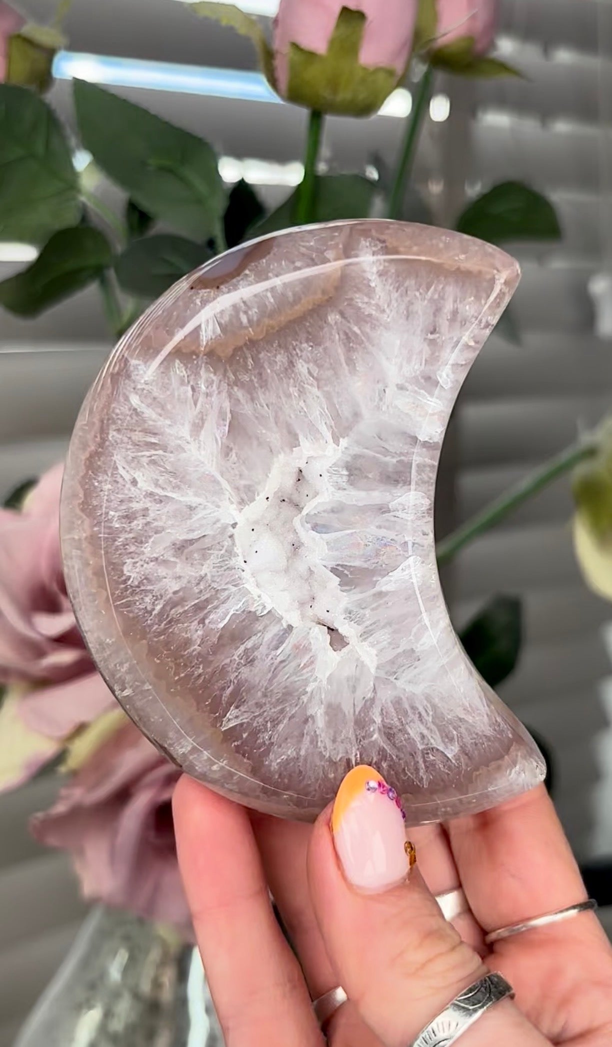 Beautiful, high quality, agate moon with druzy - stand included