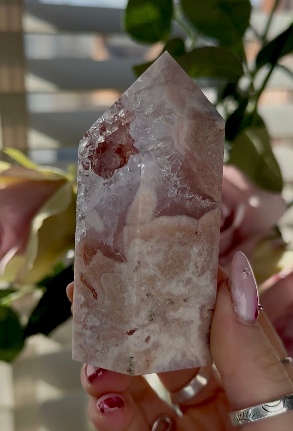 Pink amethyst tower with quartz 9.5cm(h) 4.5cm(w)