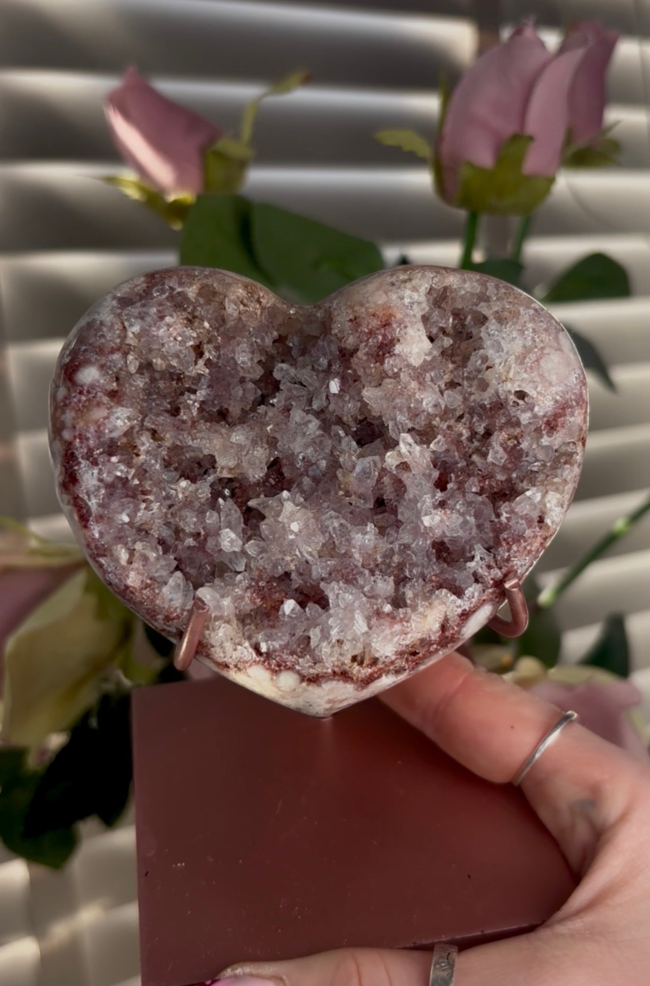 pink amethyst heart with quartz Druze- comes with stand
