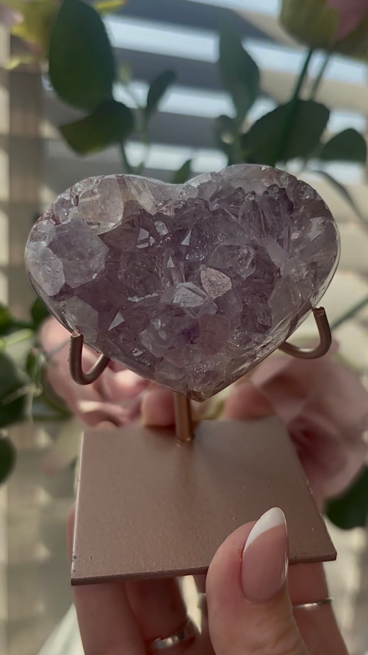 Gorgeous, high quality, pink amethyst heart with lilac quartz  - comes with stand