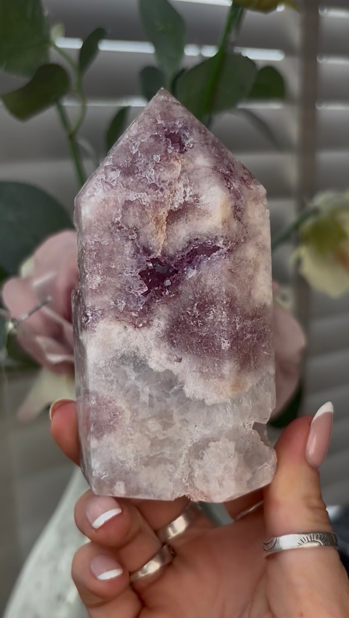 Beautiful, hq, druzy, Pink amethyst tower 11cm(h) by 6cm(w)