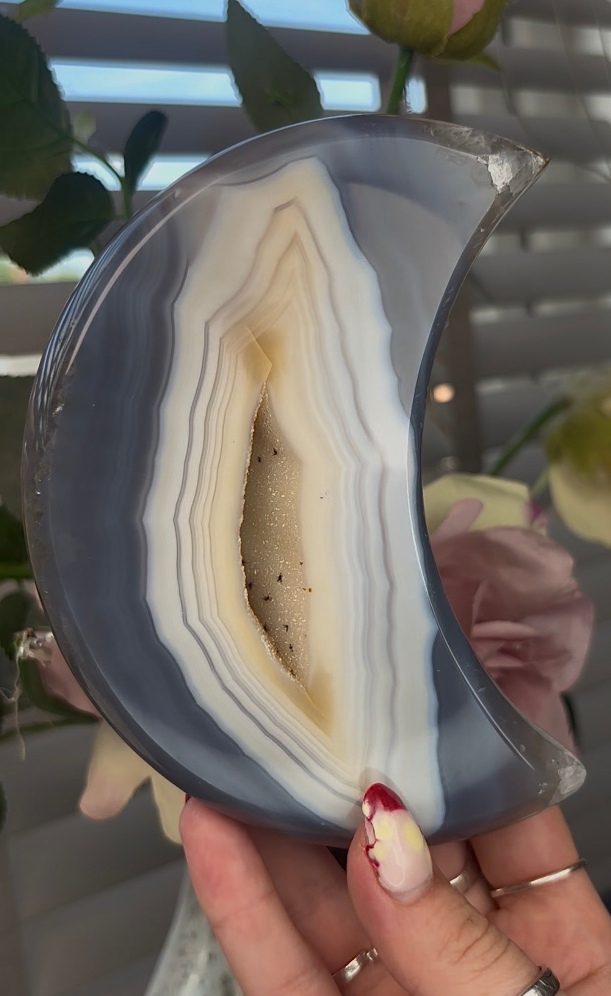 Beautiful, high quality, blue and lemon agate moon with druzy - stand included