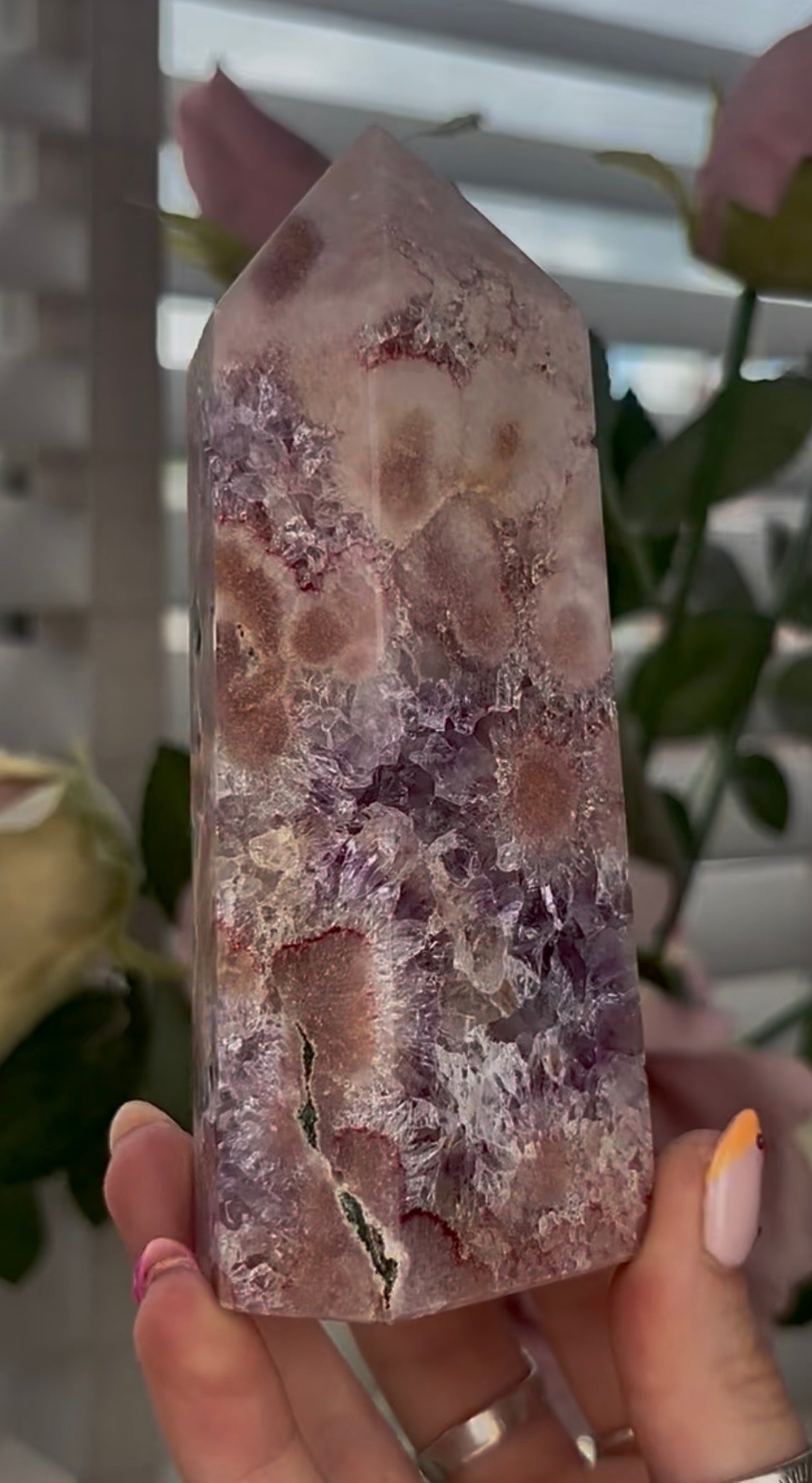 Pretty, Pink amethyst tower, with purple quartz druzy