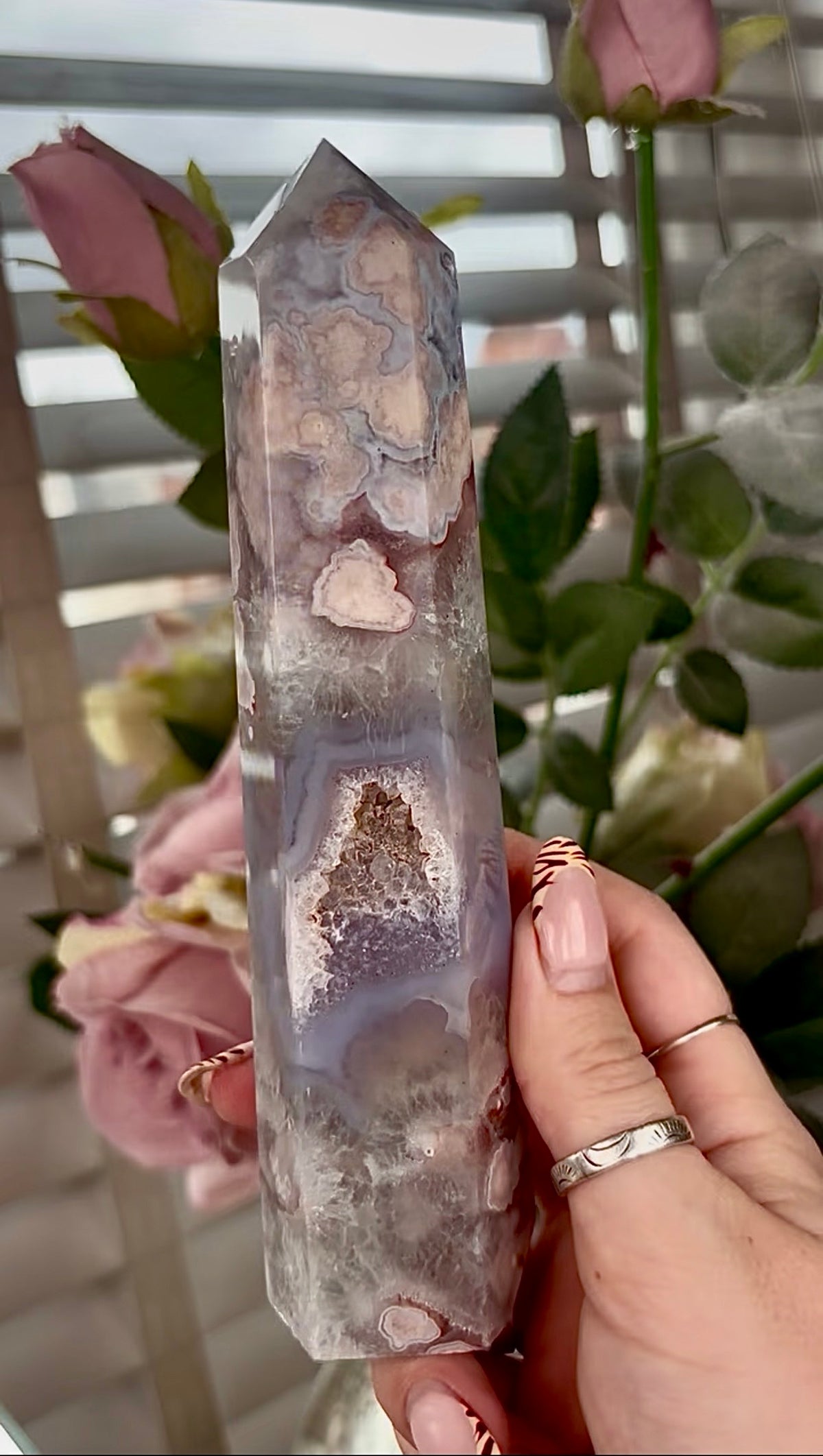 Stunning!! Super high quality, Druzy, green chlorite x blue flower agate tower