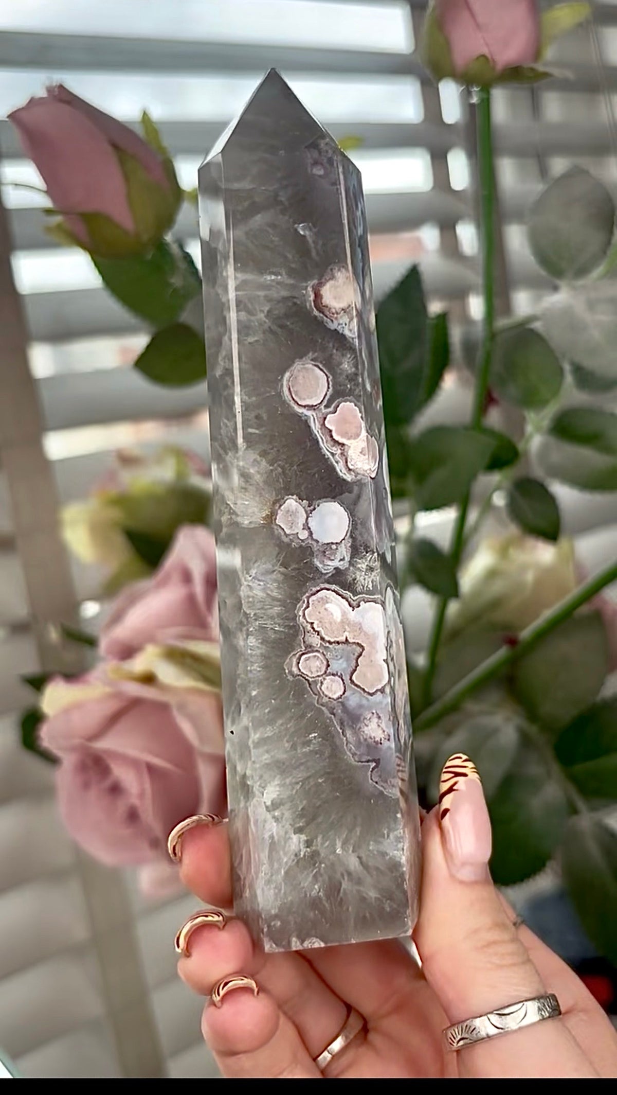 Stunning!! Super high quality, Druzy, green chlorite x blue flower agate tower 15.4cm (h)