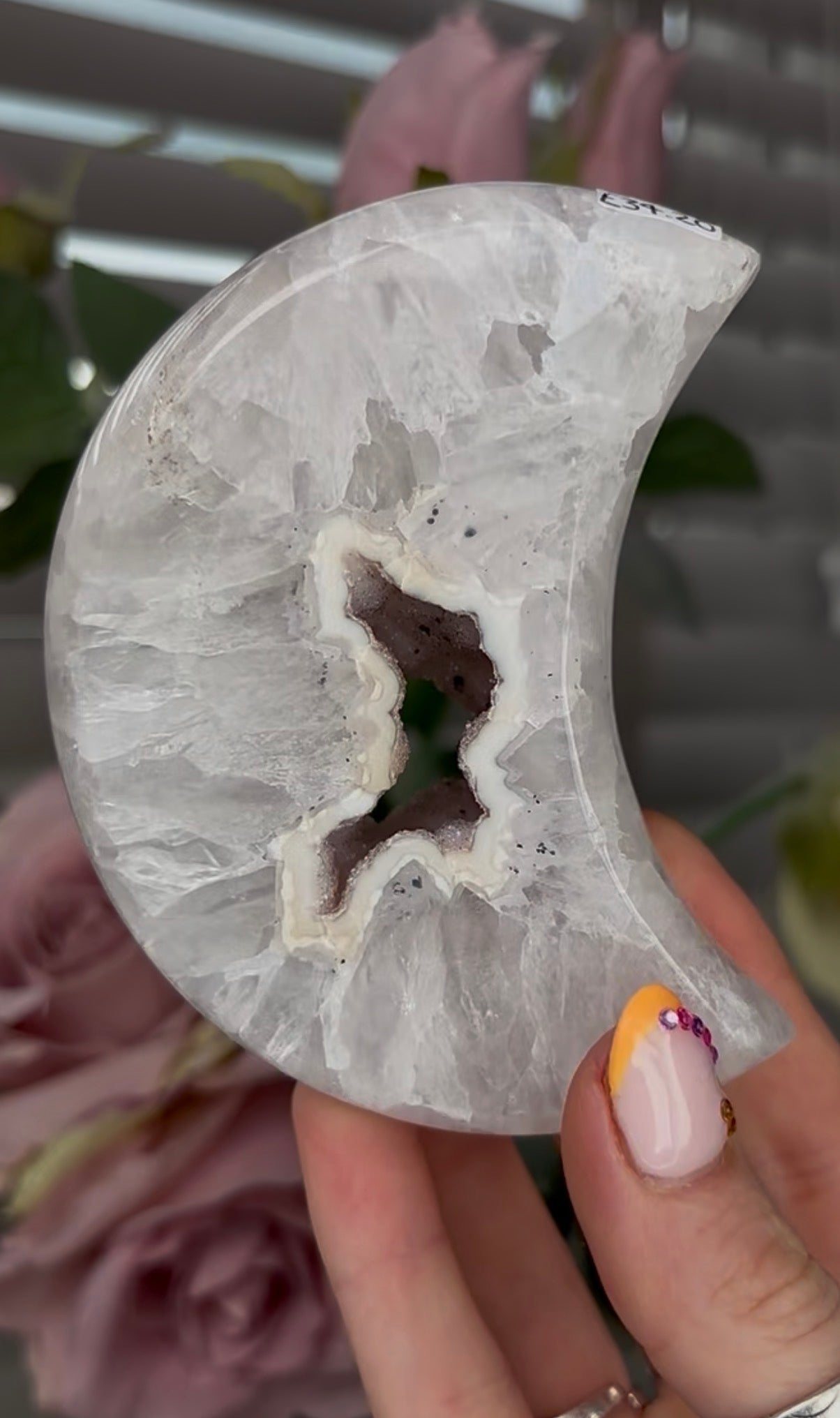 Beautiful, high grade, agate moon with druzy - comes with stand