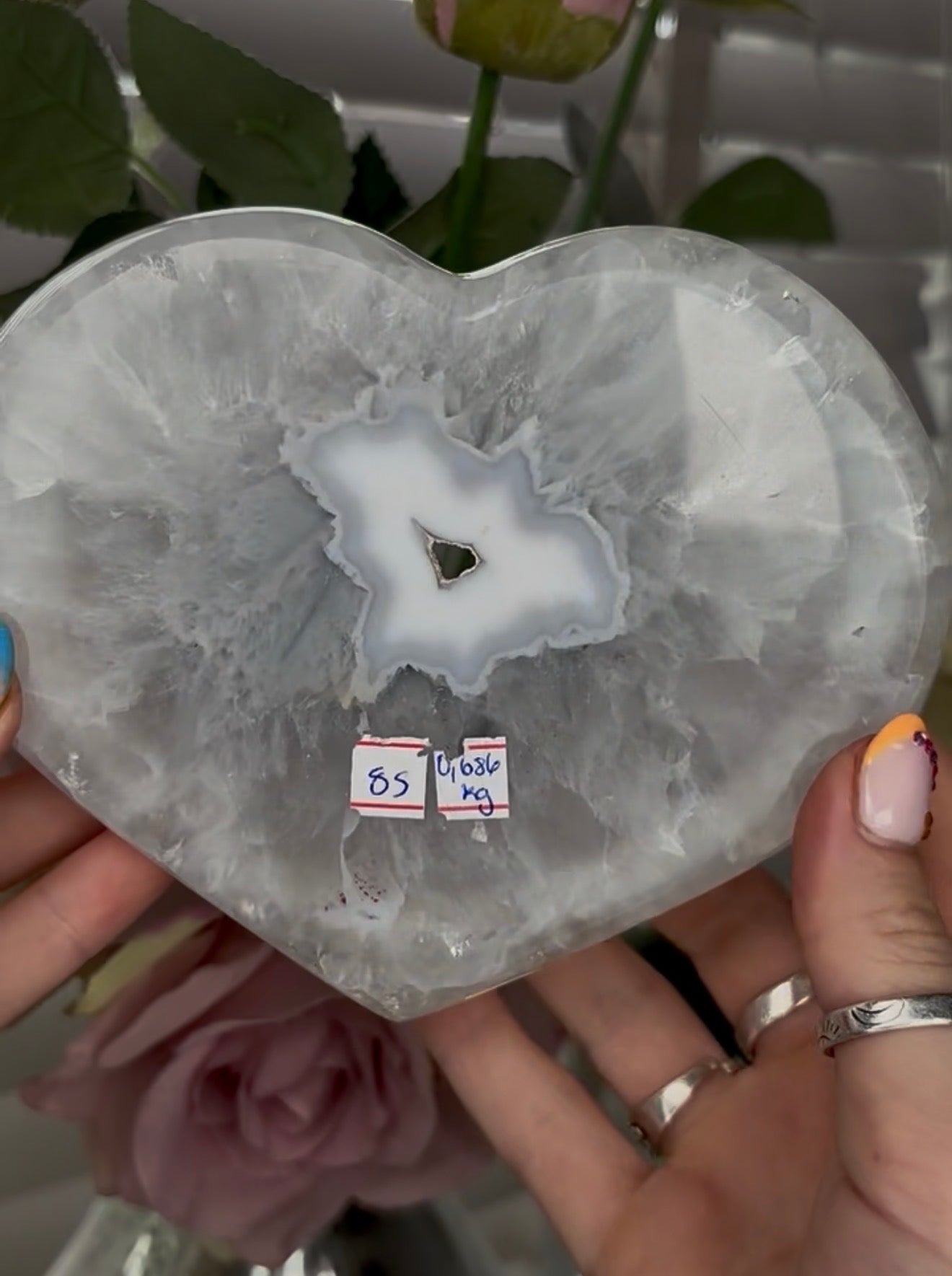 Beautiful, high grade, agate heart with druzy - comes with stand