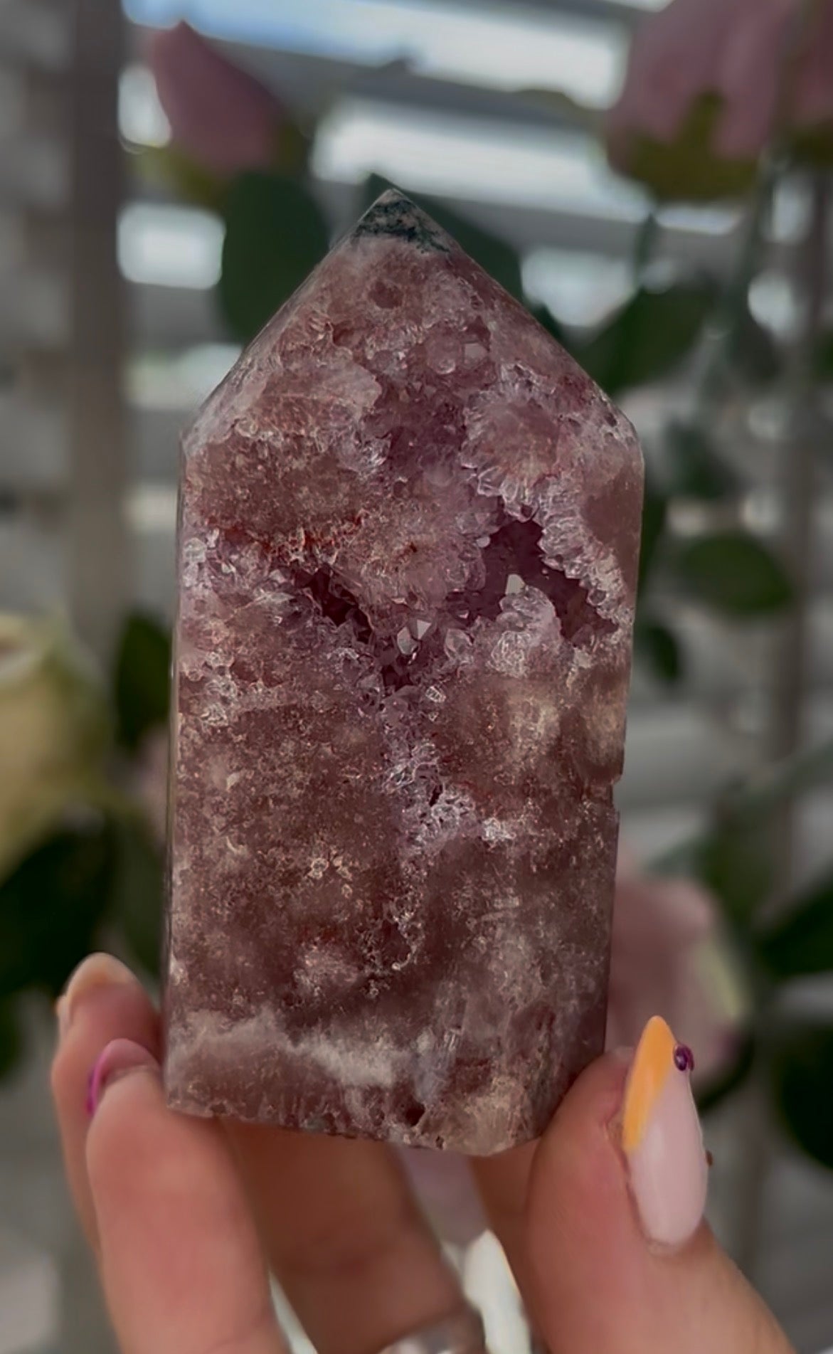Beautiful, Pink amethyst tower with quartz druzy