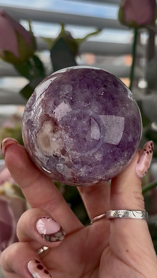 High grade, amethyst Flower agate sphere with high clarity purple quartz - 6.5cm