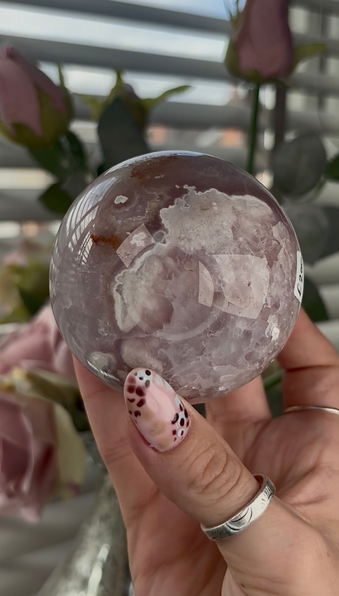 High grade, amethyst Flower agate sphere with high clarity quartz