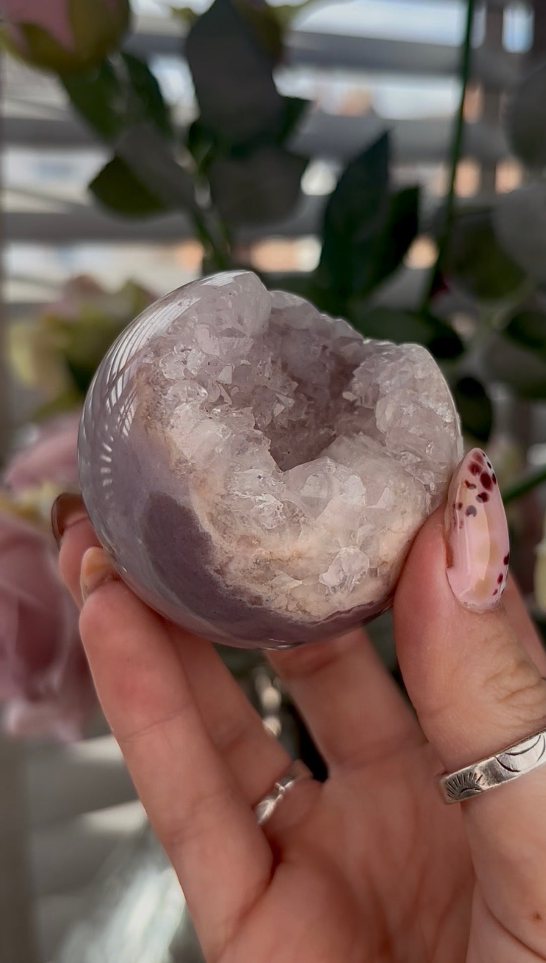 High grade, Pink amethyst Flower agate sphere with druzy quartz- 6cm