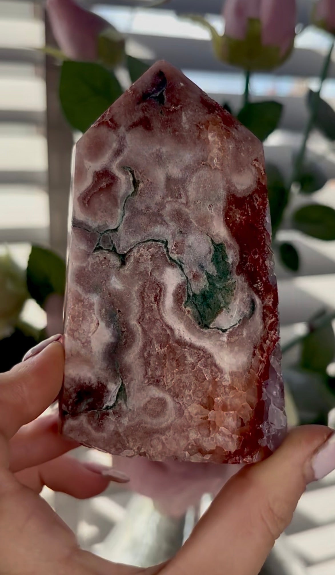 Beautiful, high quality, Pink amethyst tower with purple quartz & green jasper