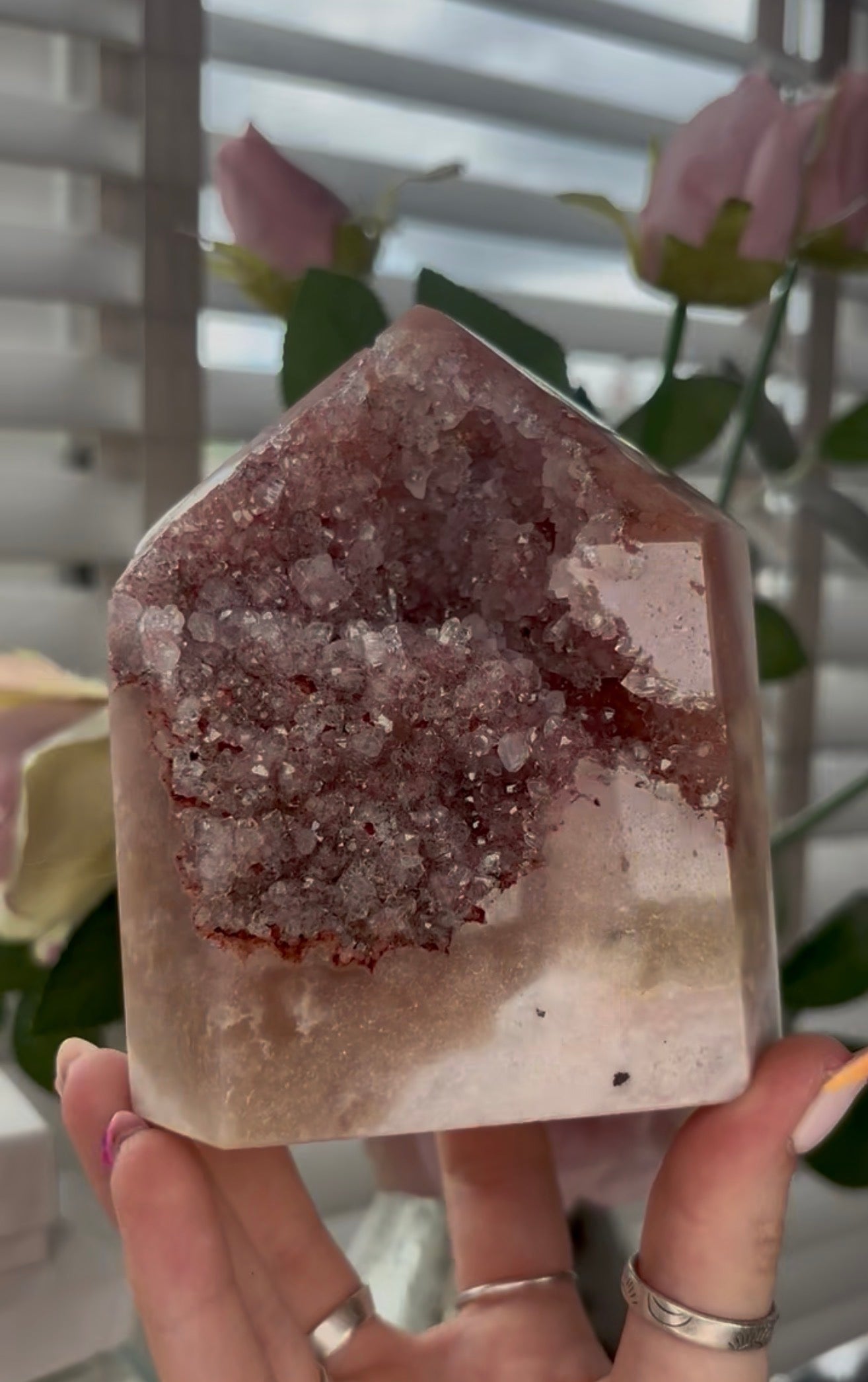 Pretty, high grade, Pink amethyst tower with gorgeous Druzy in burnt orange tones