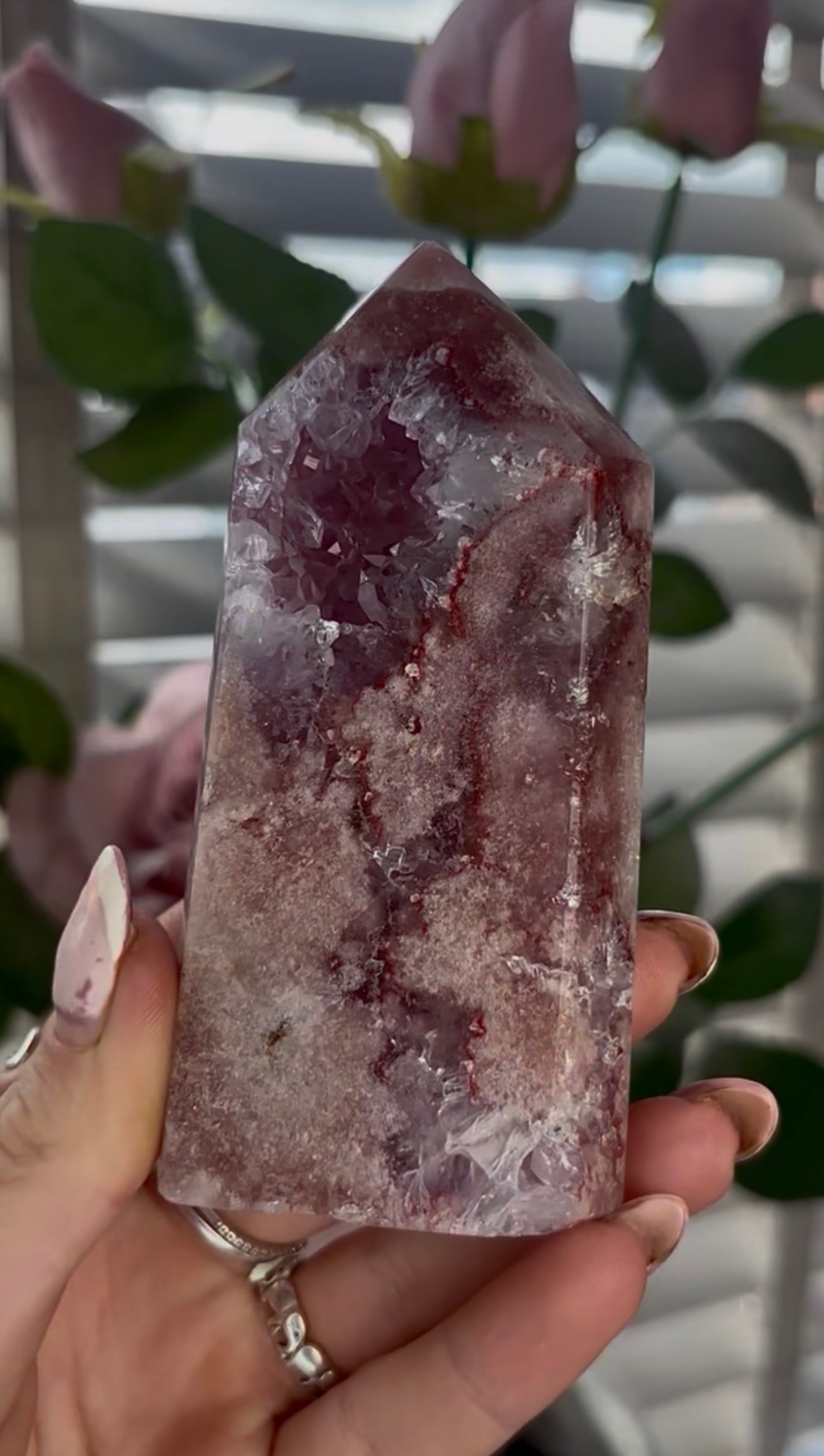 Beautiful, high quality, Pink amethyst tower with purple quartz