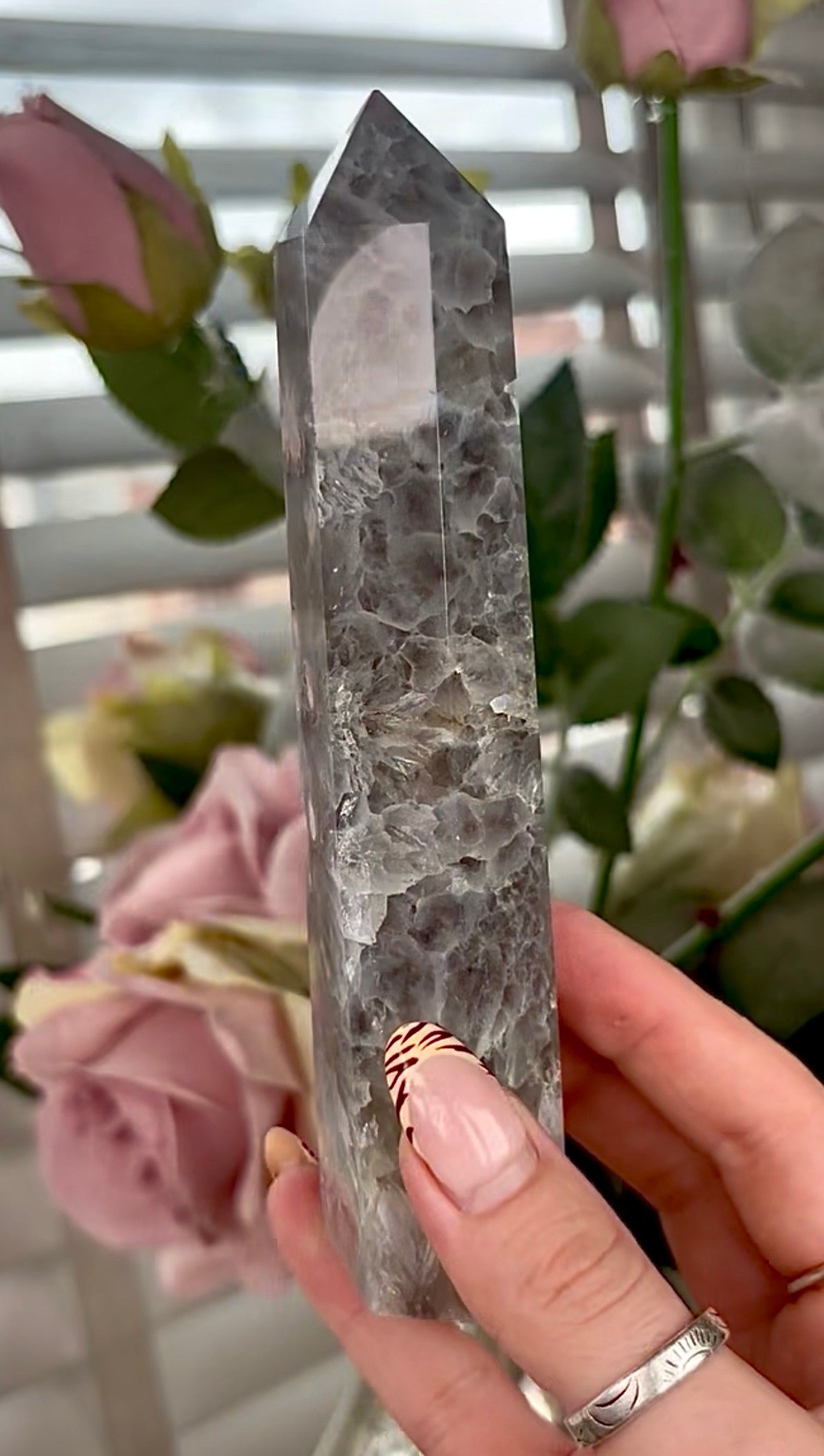 Stunning!! Super high quality, Druzy, green chlorite x blue flower agate tower 15.4cm (h)