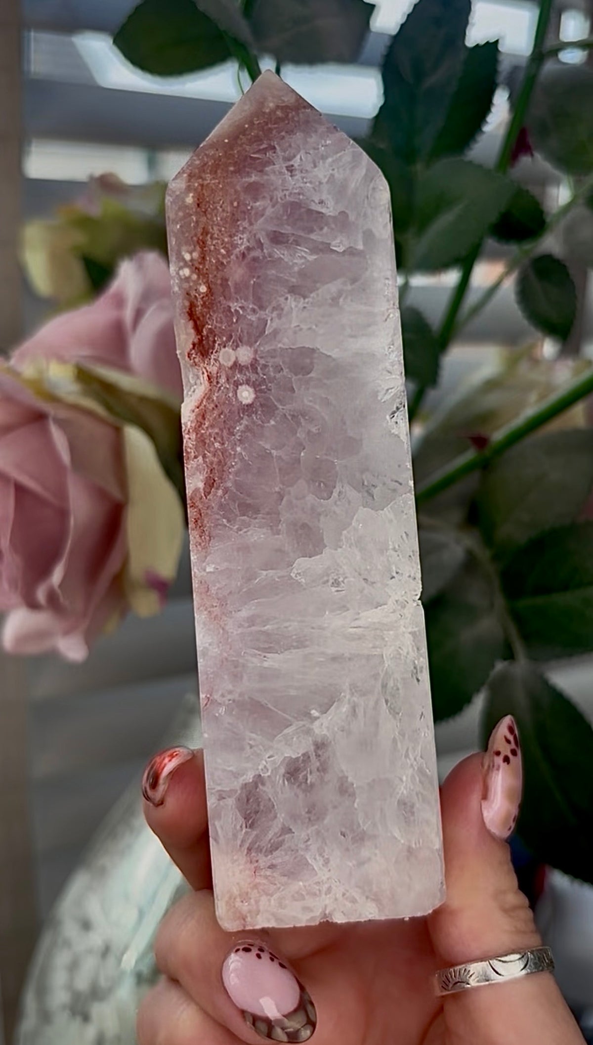 High grade, Pink amethyst, Flower agate tower with high clarity quartz