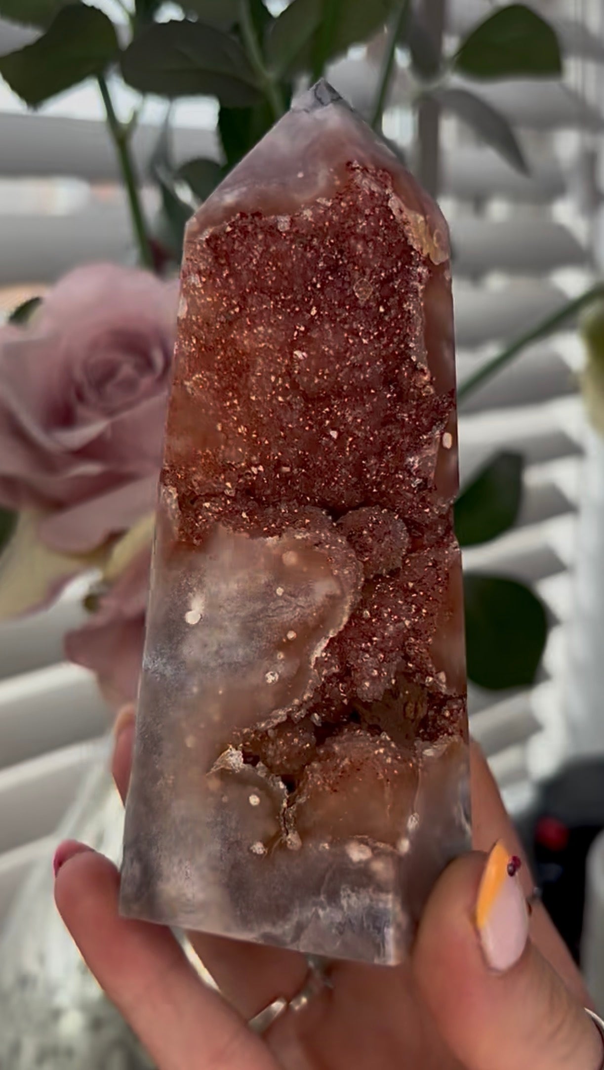 Beautiful, large, high quality, Pink amethyst tower with burnt orange/red druzy