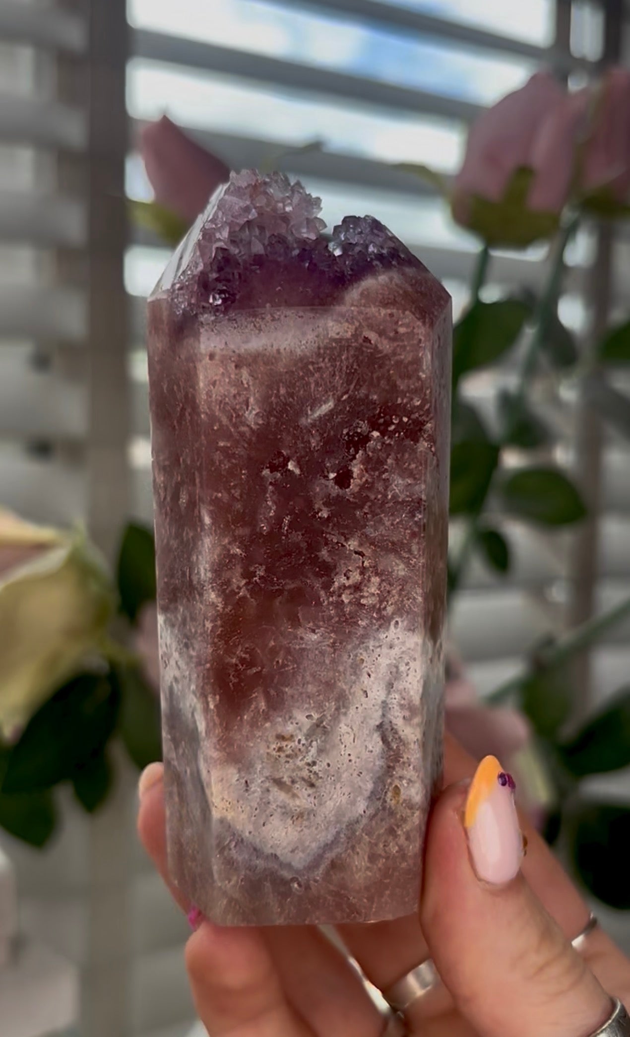 Pink amethyst tower with druzy