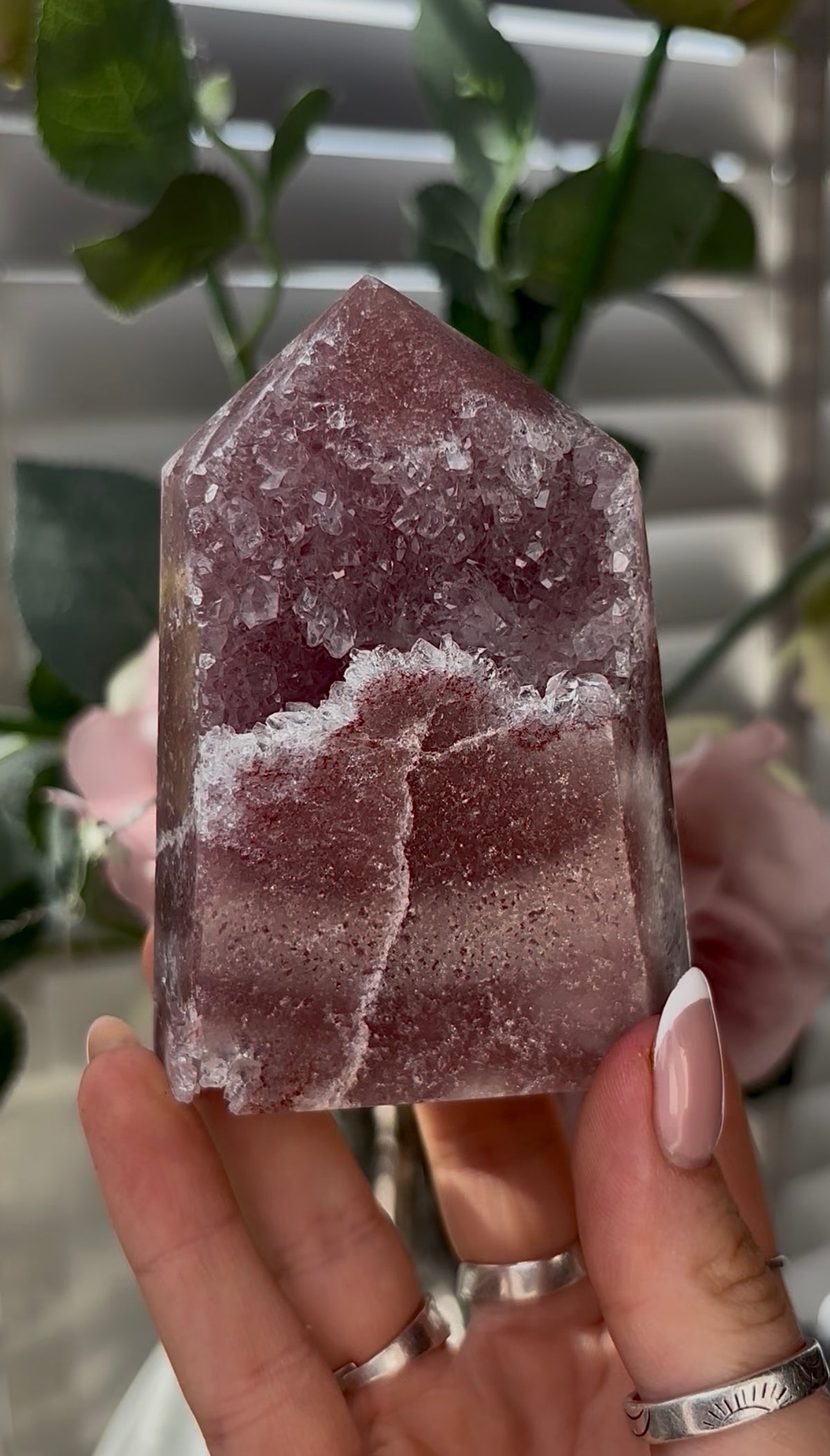 Beautiful, hq, druzy, Pink amethyst tower 9cm(h) by 6.4cm(w)