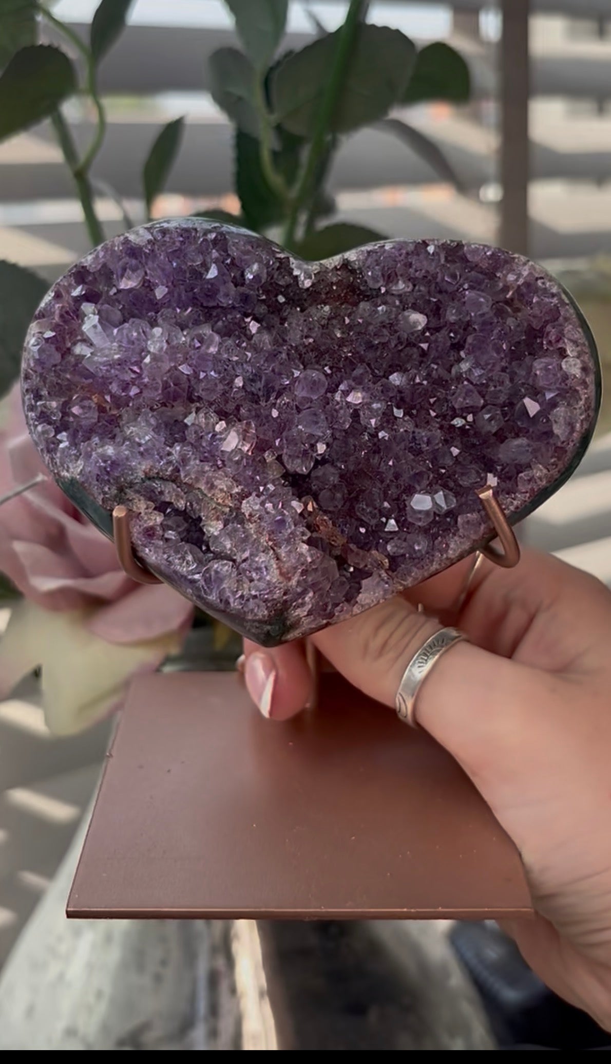 Gorgeous, high quality, pink amethyst heart with Jasper - comes with stand