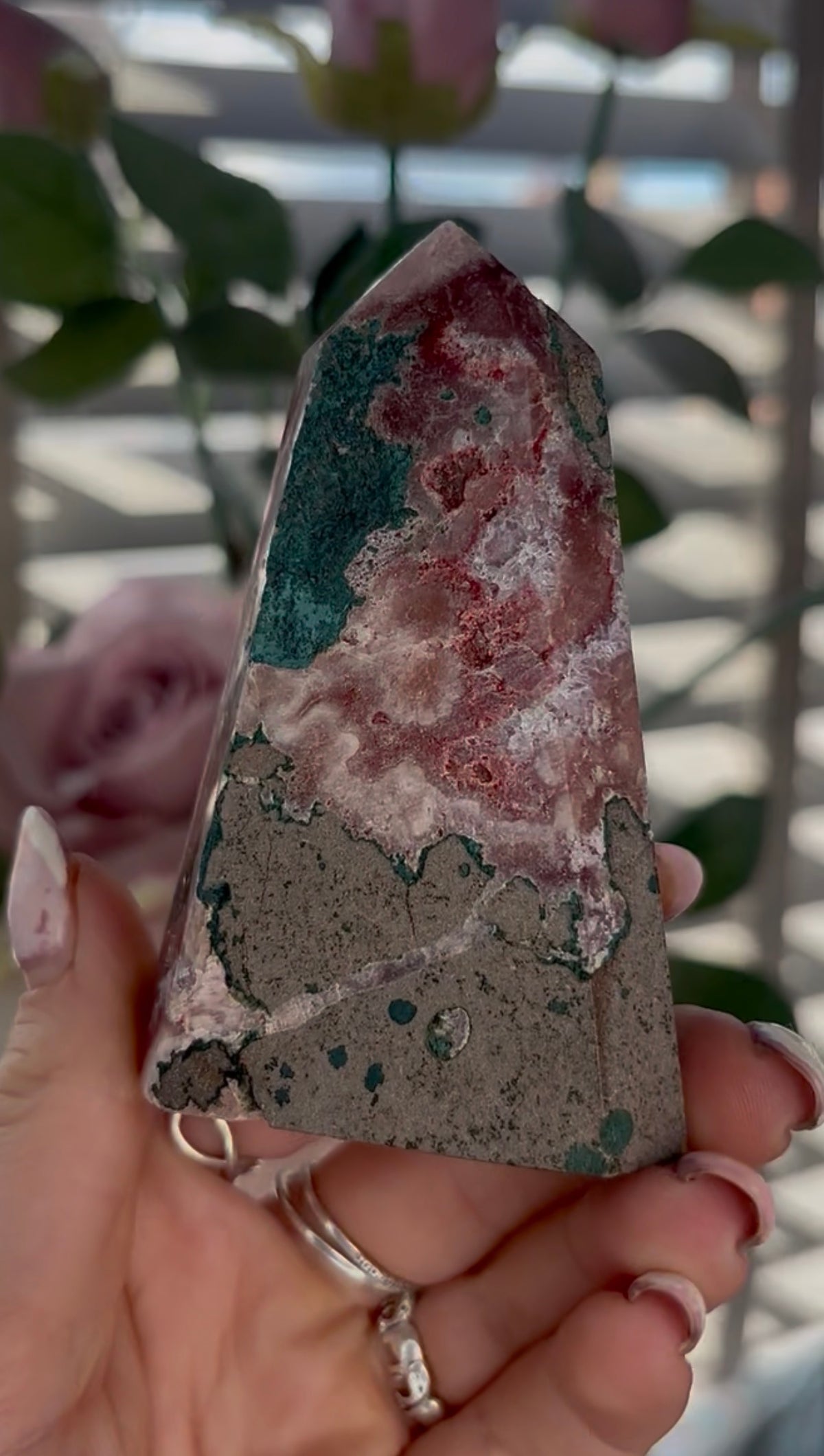 Beautiful, high quality, Pink amethyst tower with Green jasper & red hematite