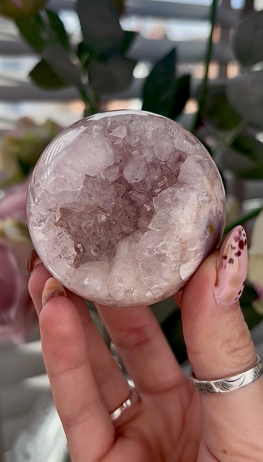 High grade, Pink amethyst Flower agate sphere with druzy quartz- 6cm
