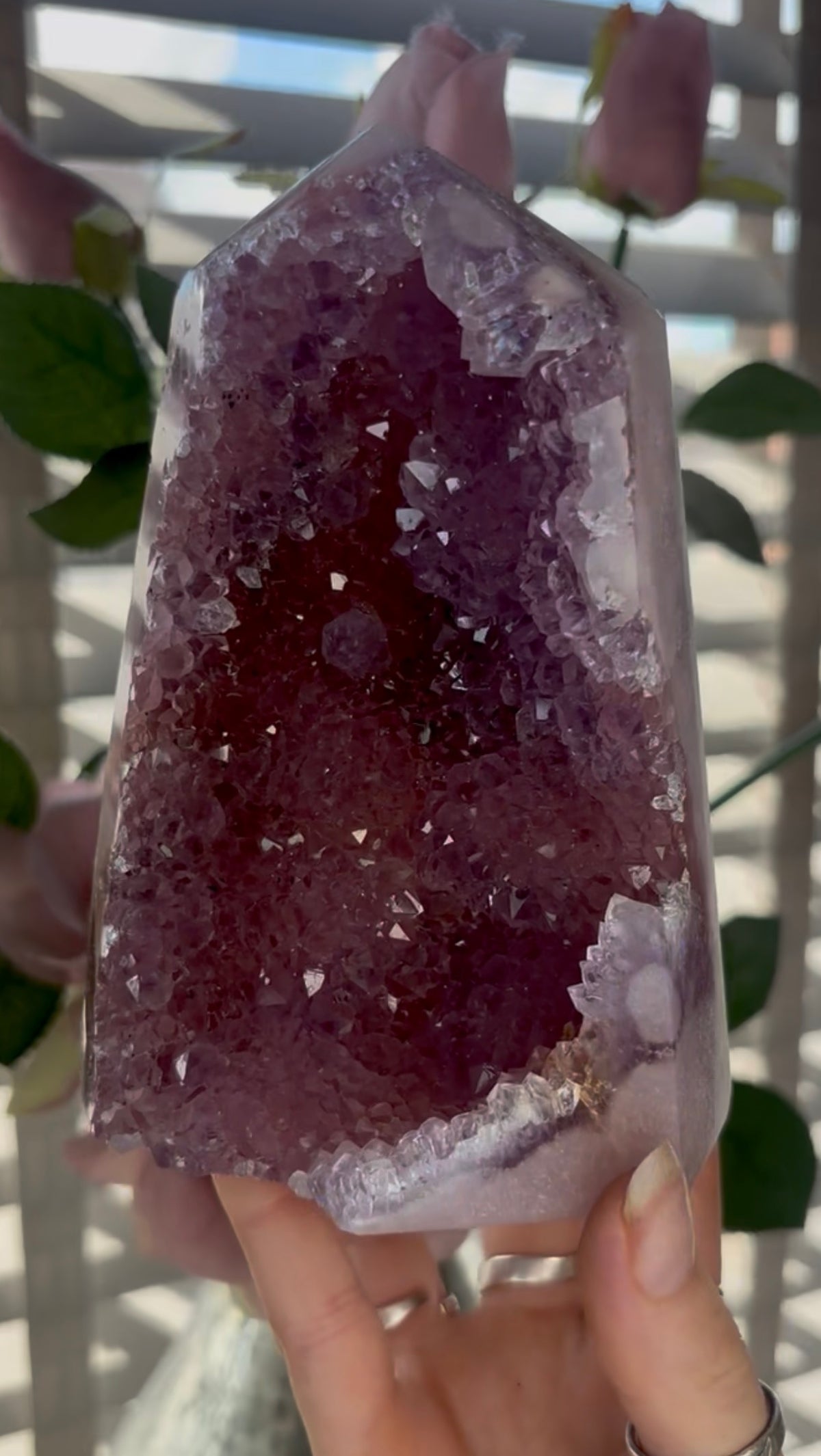 Beautiful, high quality, Pink amethyst tower in lilac tones with vibrant purple druzy