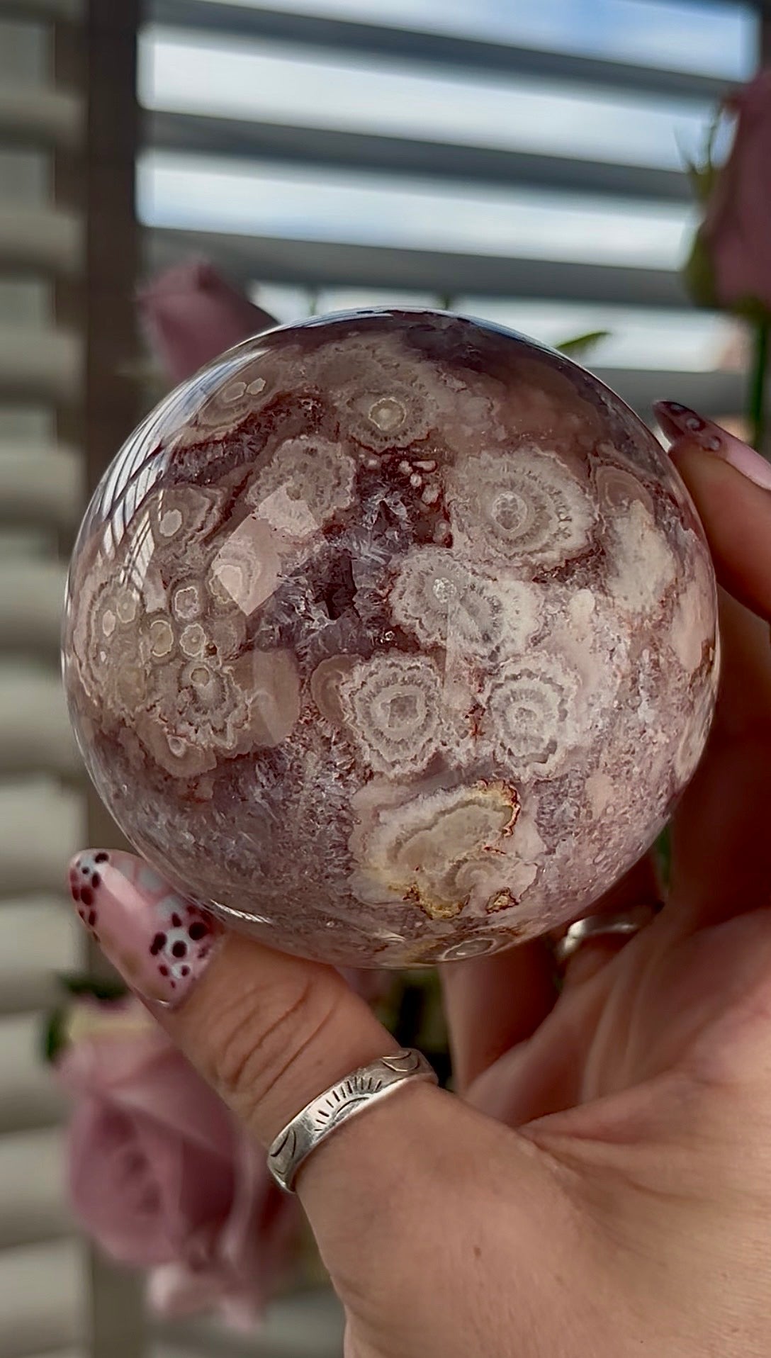 High grade, amethyst Flower agate sphere with high clarity quartz 8cm