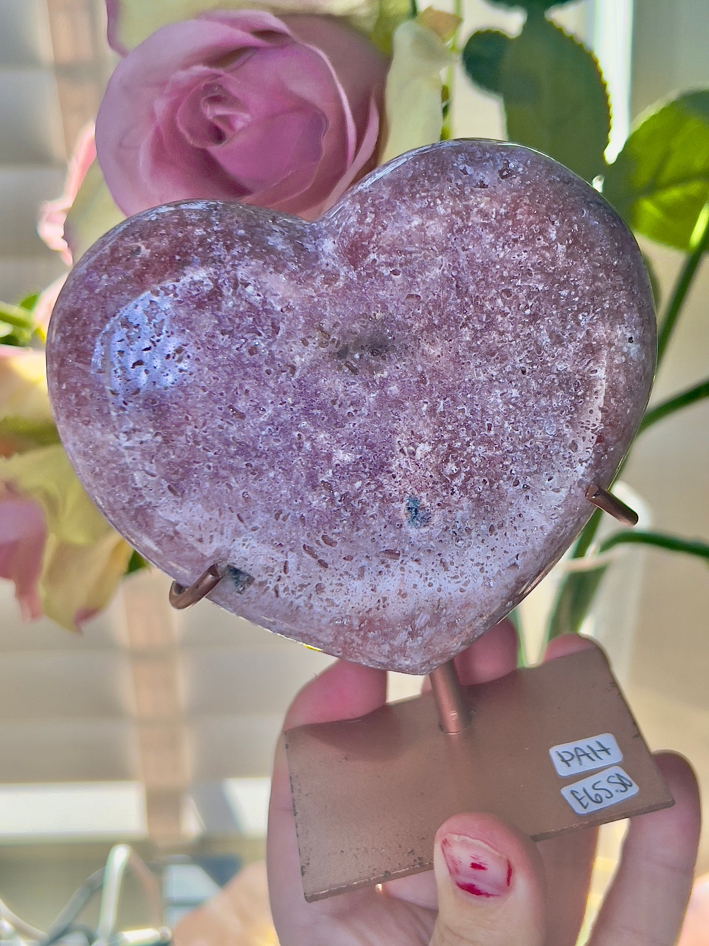 pink amethyst heart - comes with stand