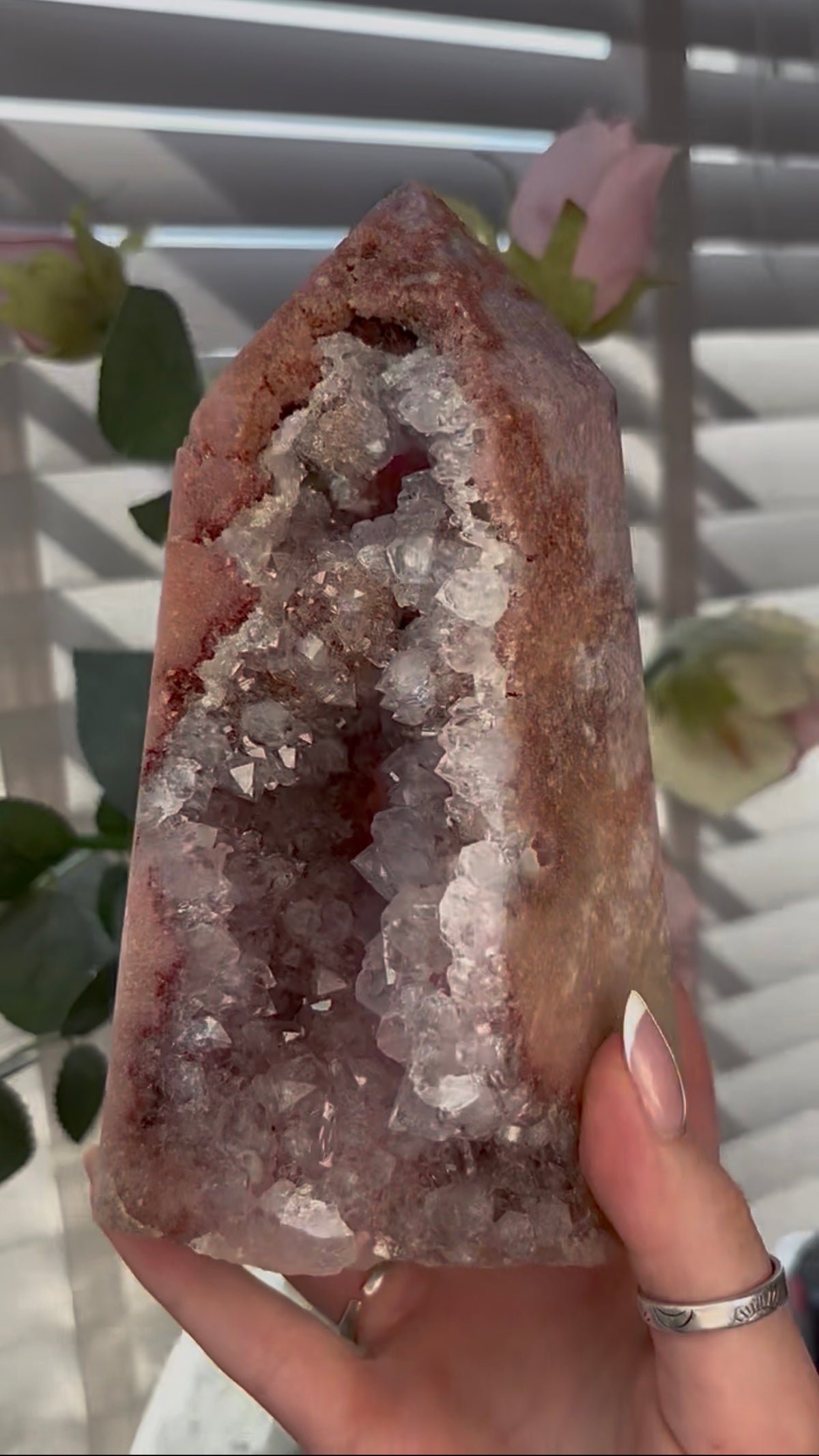 Beautiful, huge, chunky Pink amethyst tower with quartz teeth 16.5cm(h) by 9.4cm(w)