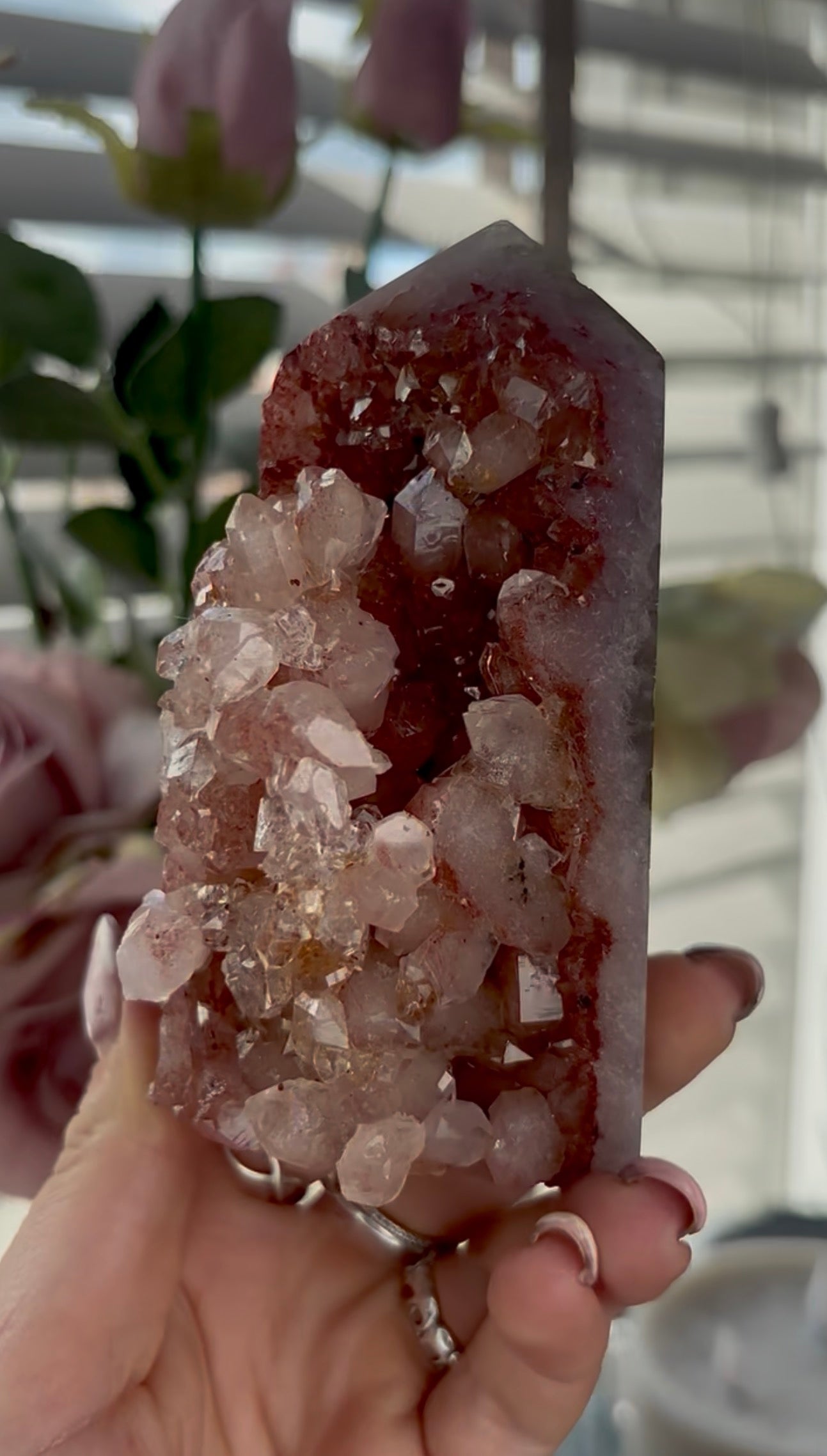 Beautiful, high quality, Pink amethyst tower in burnt orange/red tones with chewing gum druzy