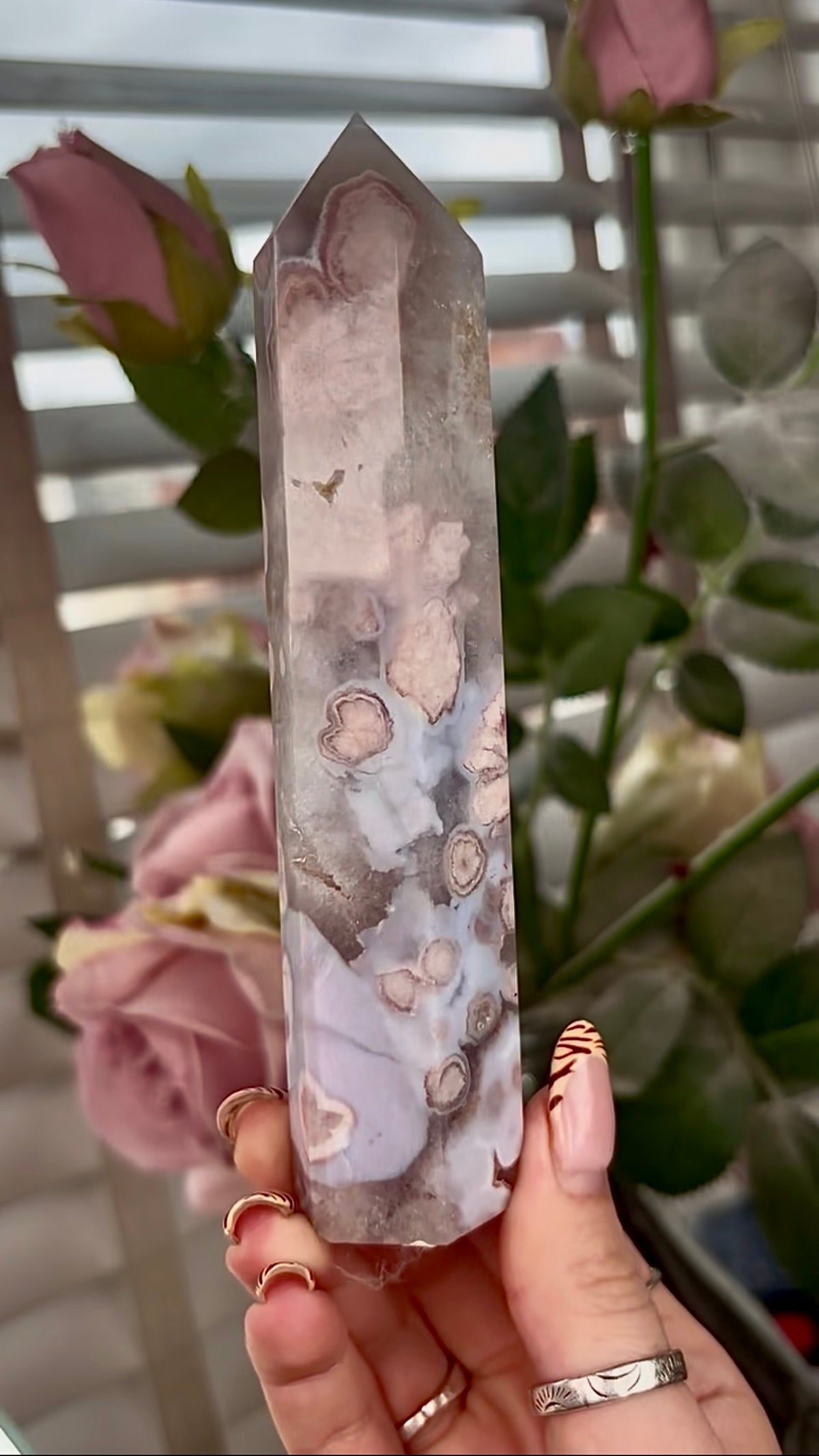 Stunning!! Super high quality, Druzy, green chlorite x blue flower agate tower