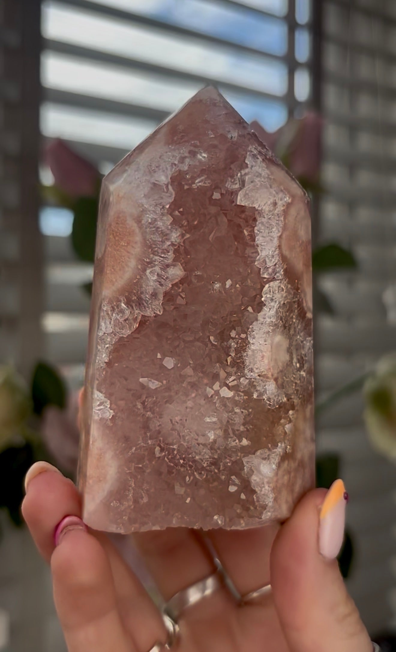 Beautiful, high quality, Pink amethyst tower in peach tone