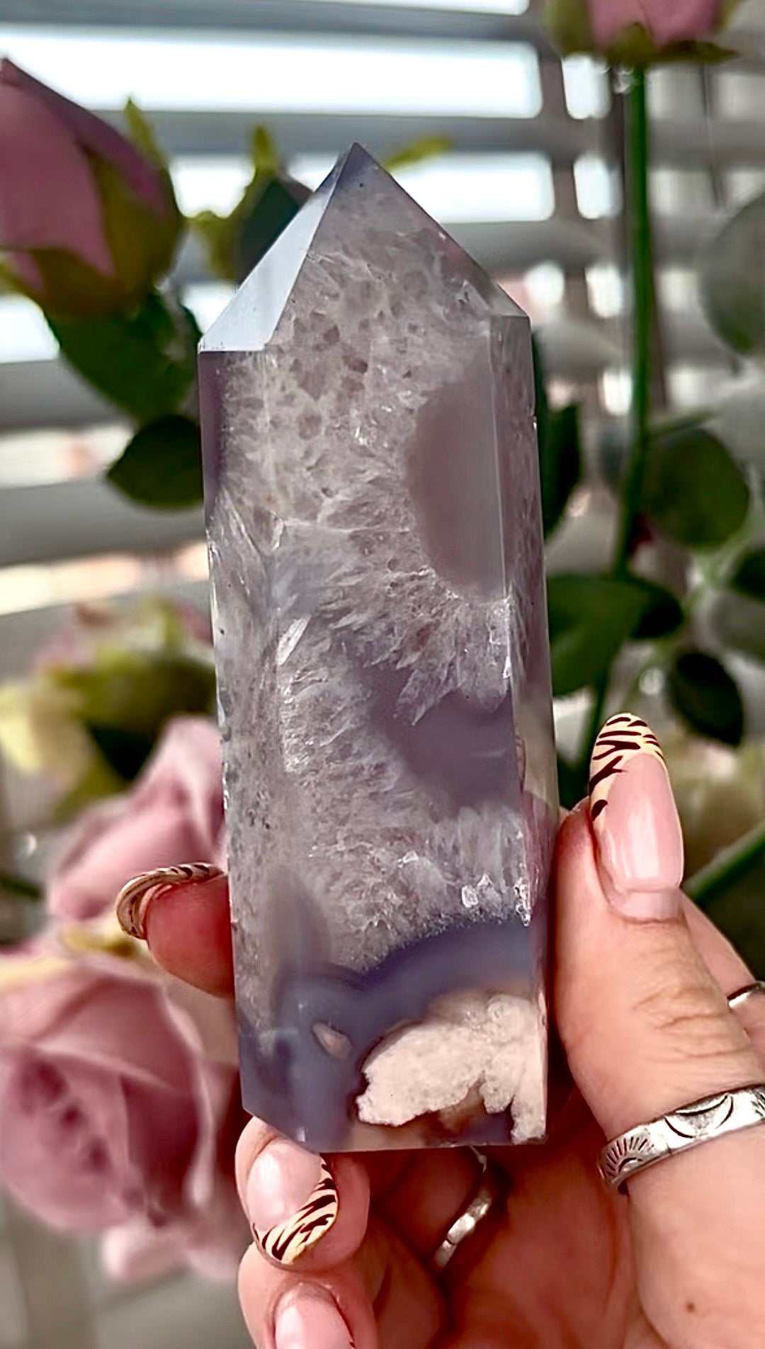 Stunning!! Super high quality, Druzy, green chlorite x blue flower agate tower