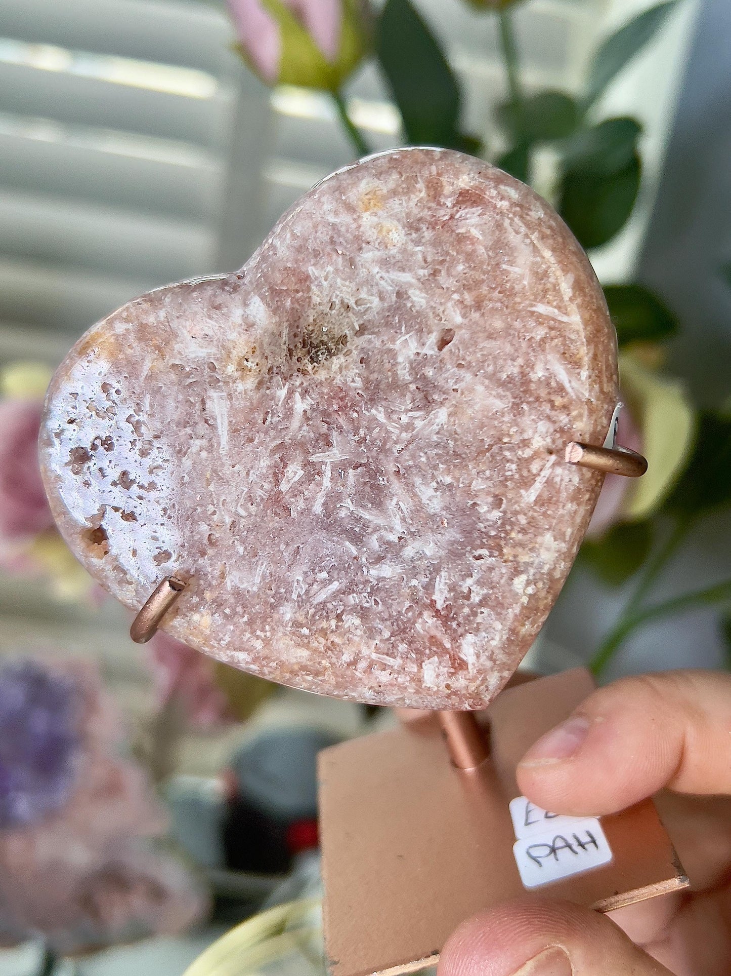 Deep Pink amethyst heart with rutile on stand - it is scratched but can be repainted easily (discount already applied)